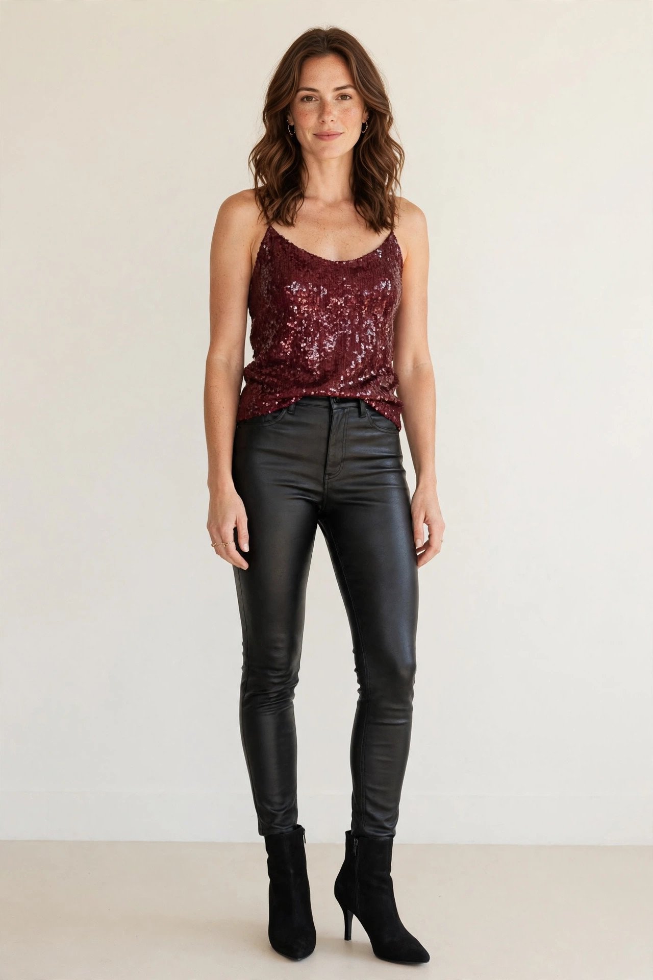 new year's eve outfits - burgundy sequin top with black leather pants