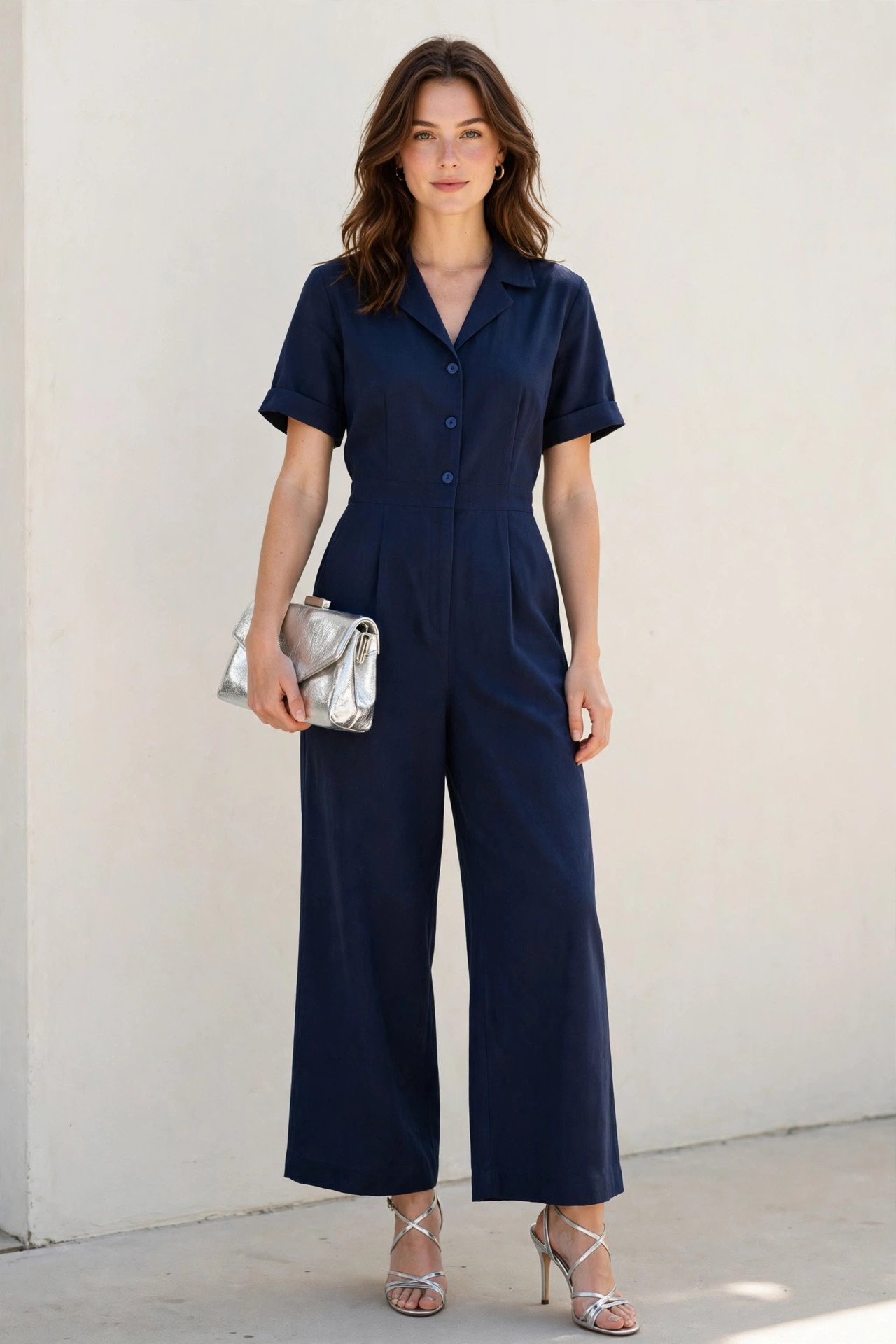 new year's eve outfits - navy jumpsuit with metallic clutch