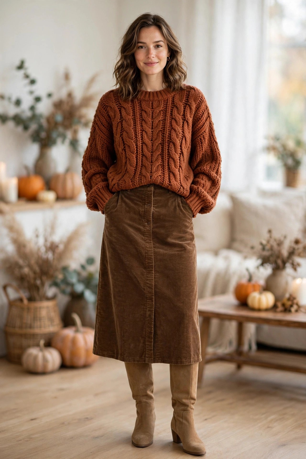 thanksgiving outfits - rust sweater with corduroy skirt