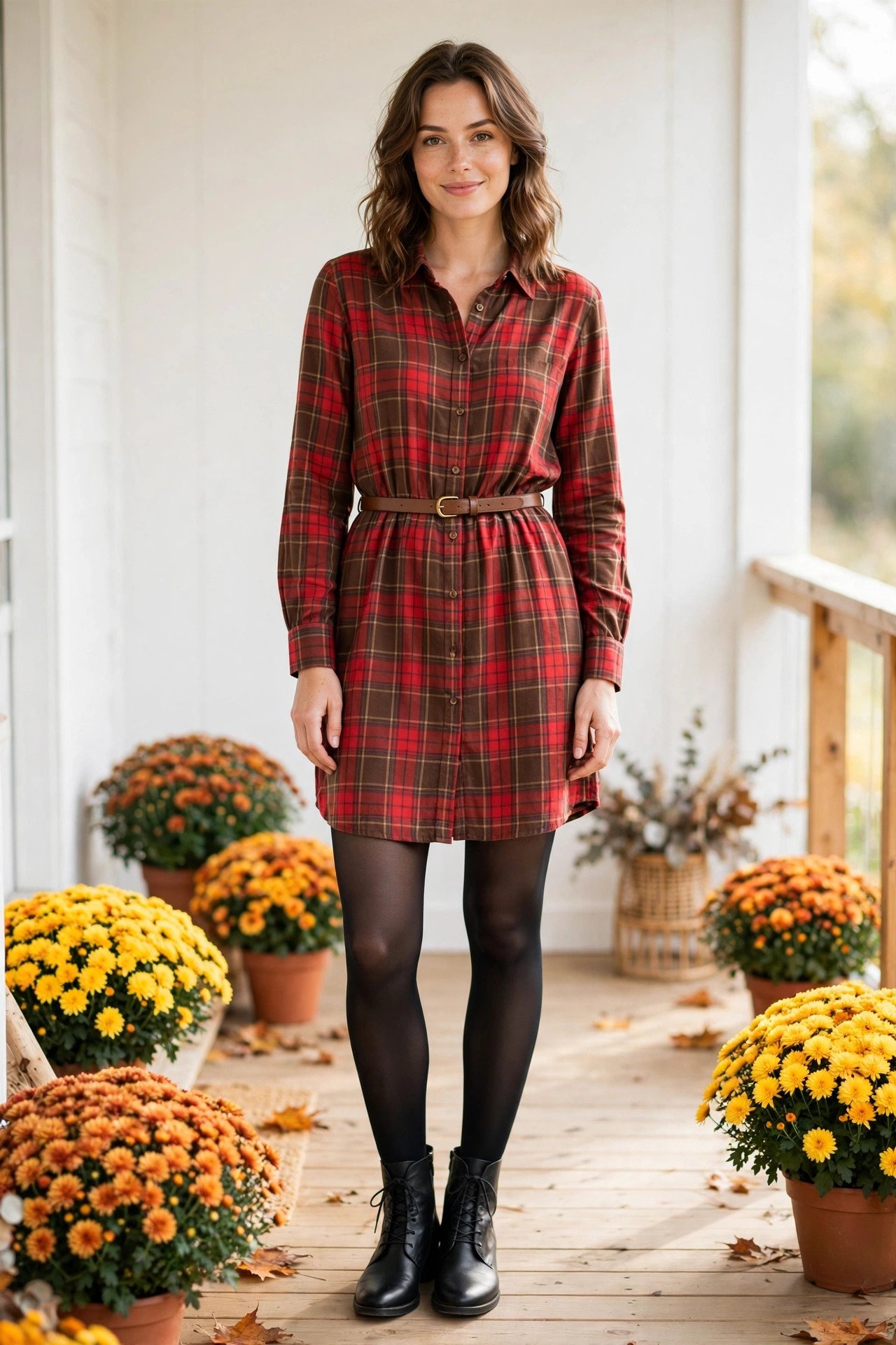 thanksgiving outfits - plaid shirt dress with tights and boots
