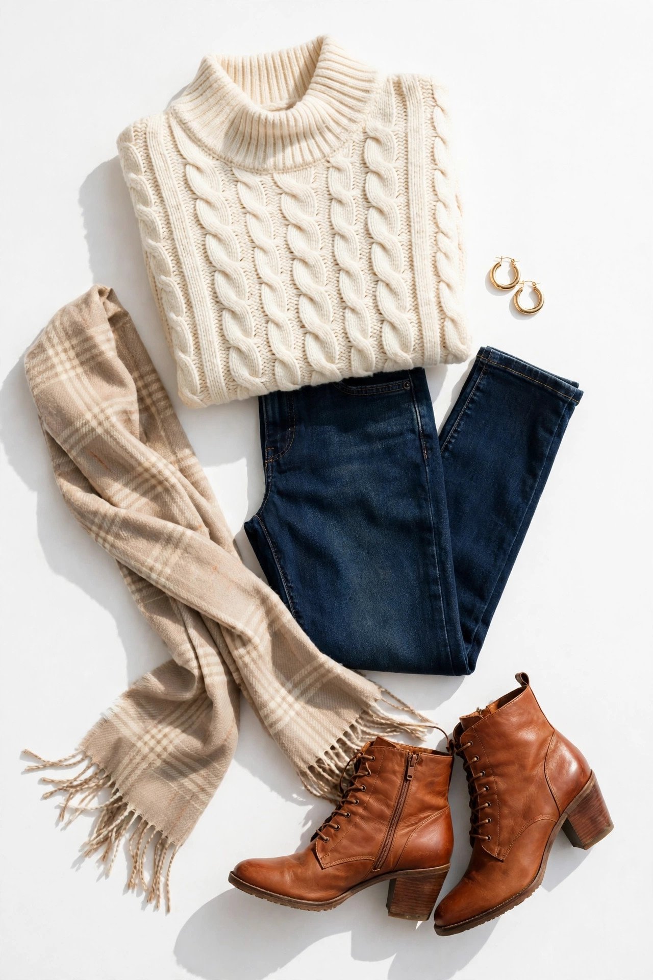 thanksgiving outfits - cream cable knit sweater with dark jeans