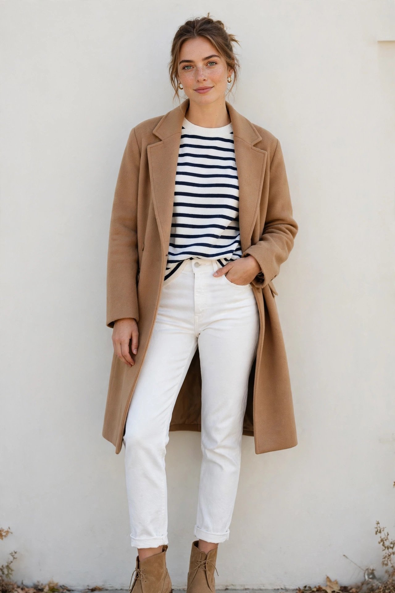 thanksgiving outfits - striped sweater and white jeans