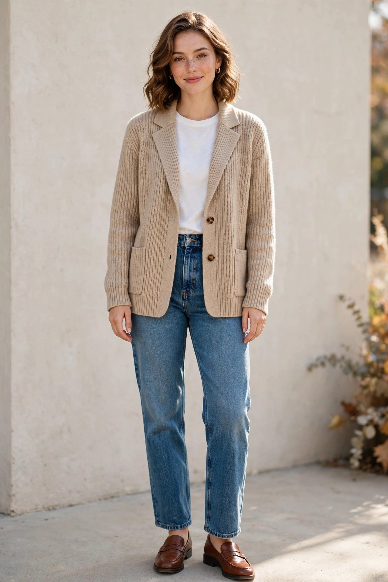 thanksgiving outfits - sweater blazer and tee and jeans