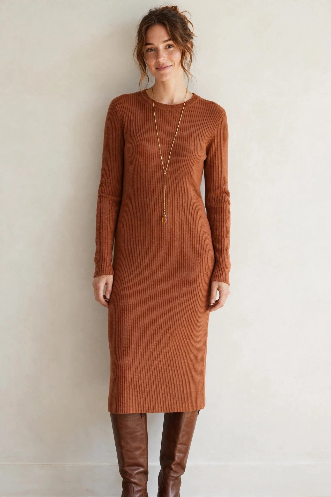 thanksgiving outfits - knit midi dress and tall boots