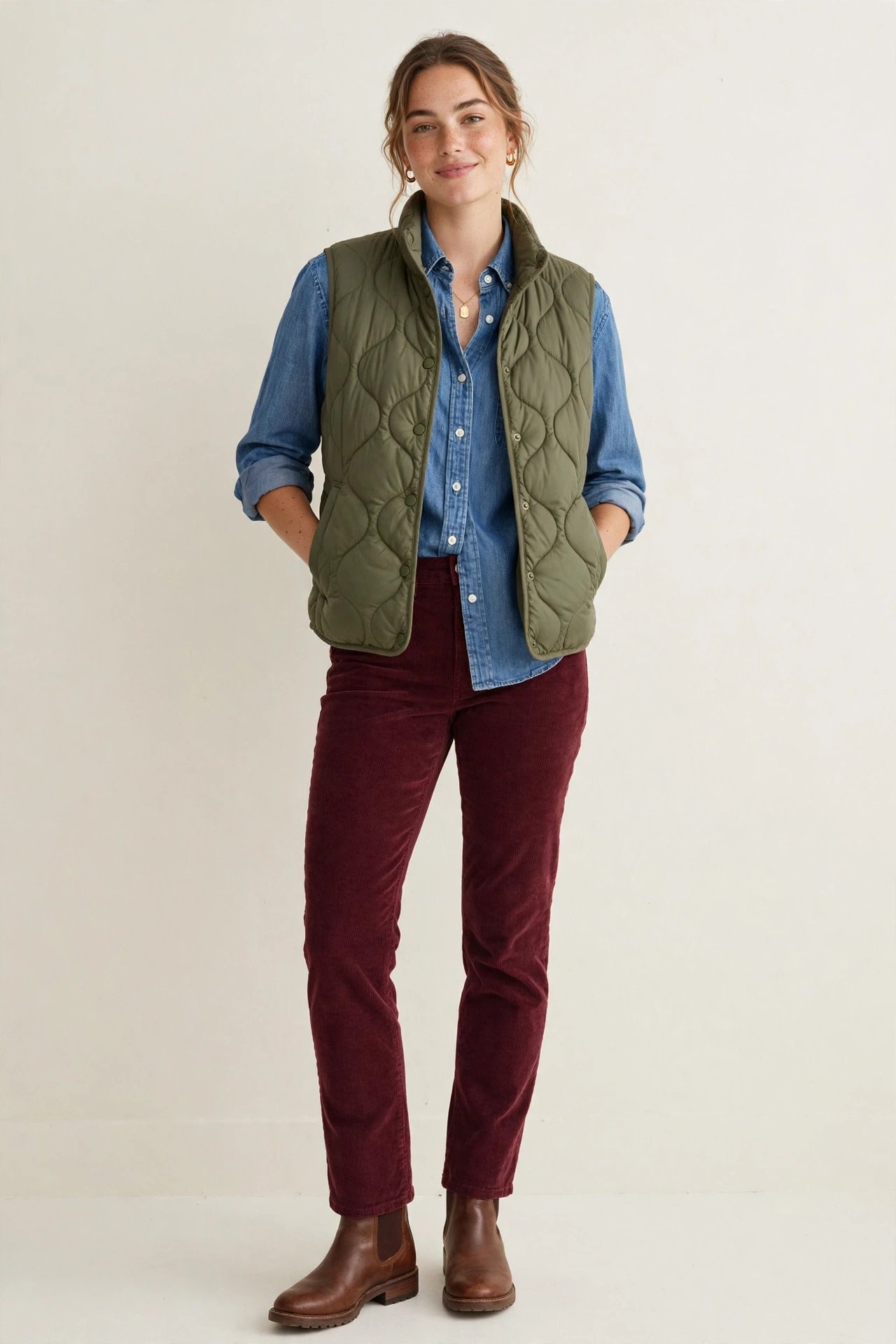 thanksgiving outfits - chambray shirt and burgundy cords