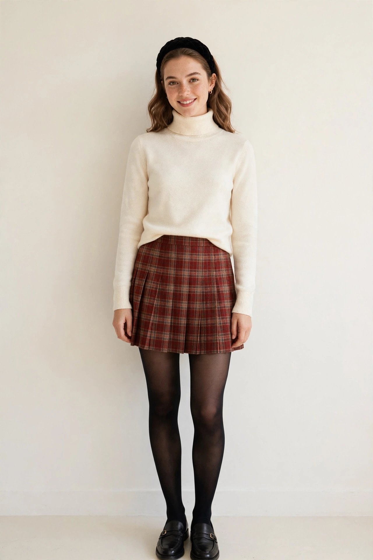thanksgiving outfits - cream turtleneck and plaid skirt