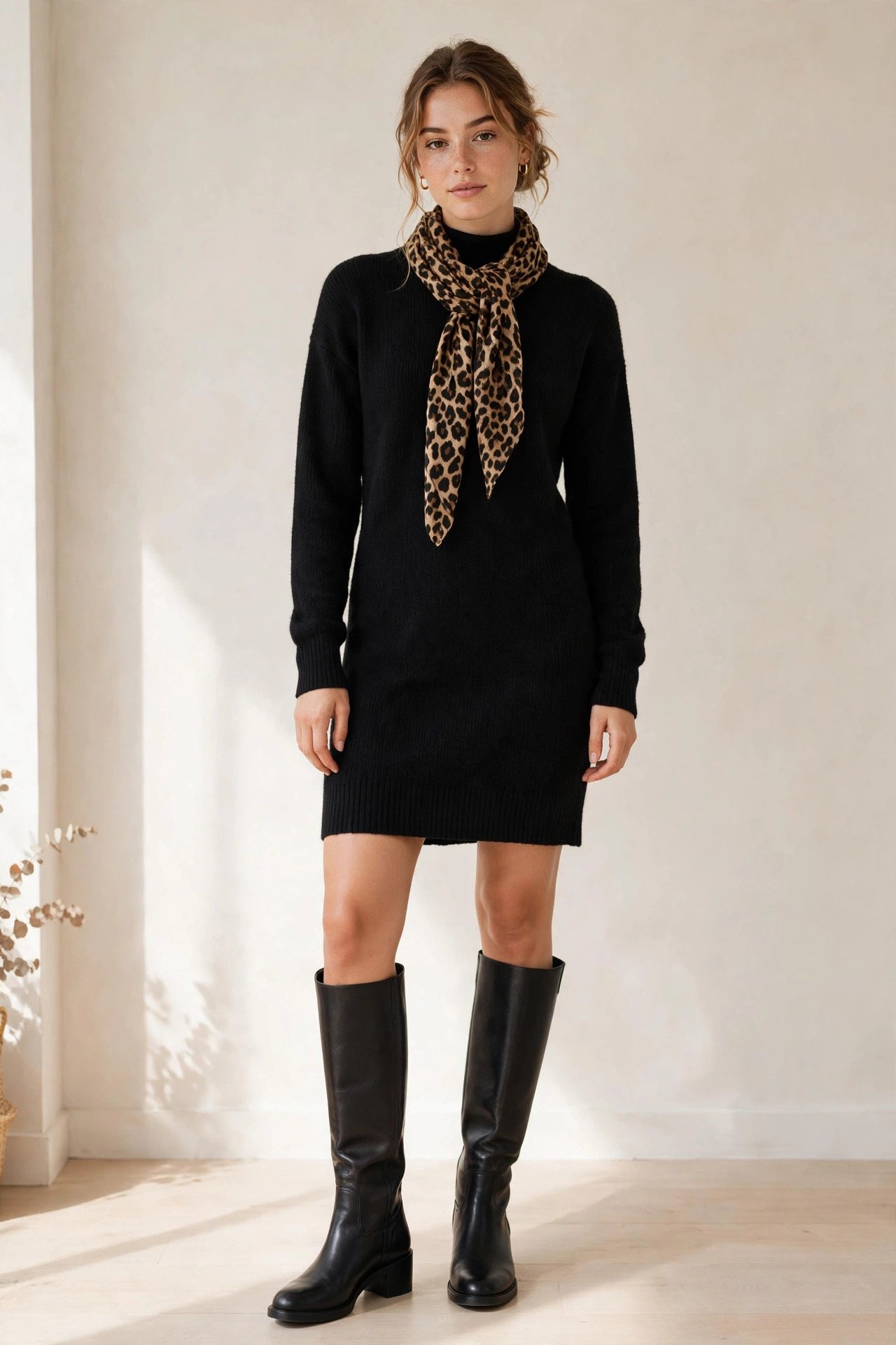 thanksgiving outfits - black dress and leopard scarf