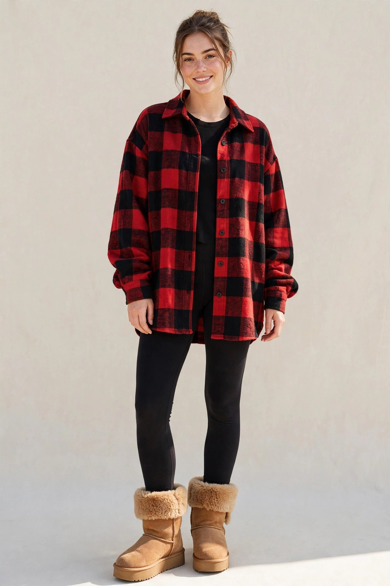 thanksgiving outfits - oversized flannel and leggings (casual family)