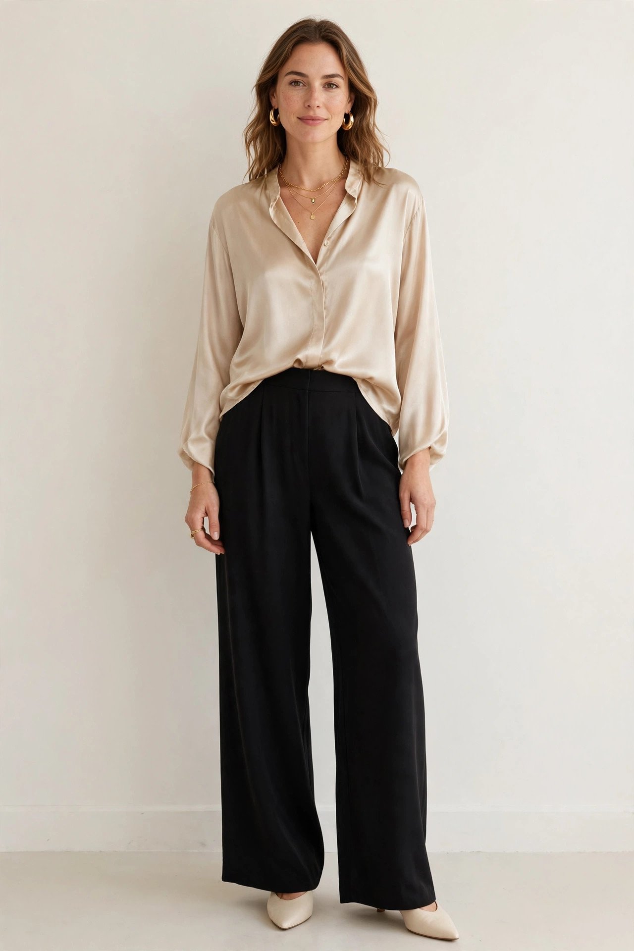 thanksgiving outfits - satin blouse and wide-leg trousers