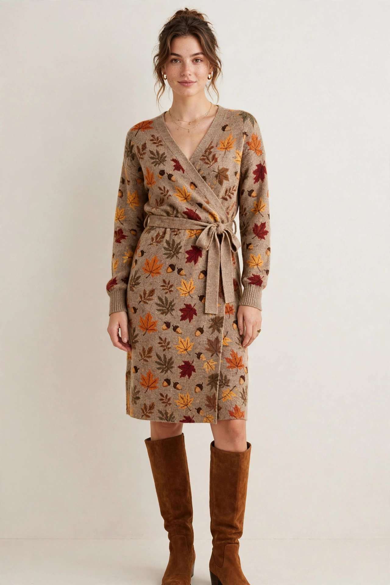 thanksgiving outfits - wrap dress and knee-high boots