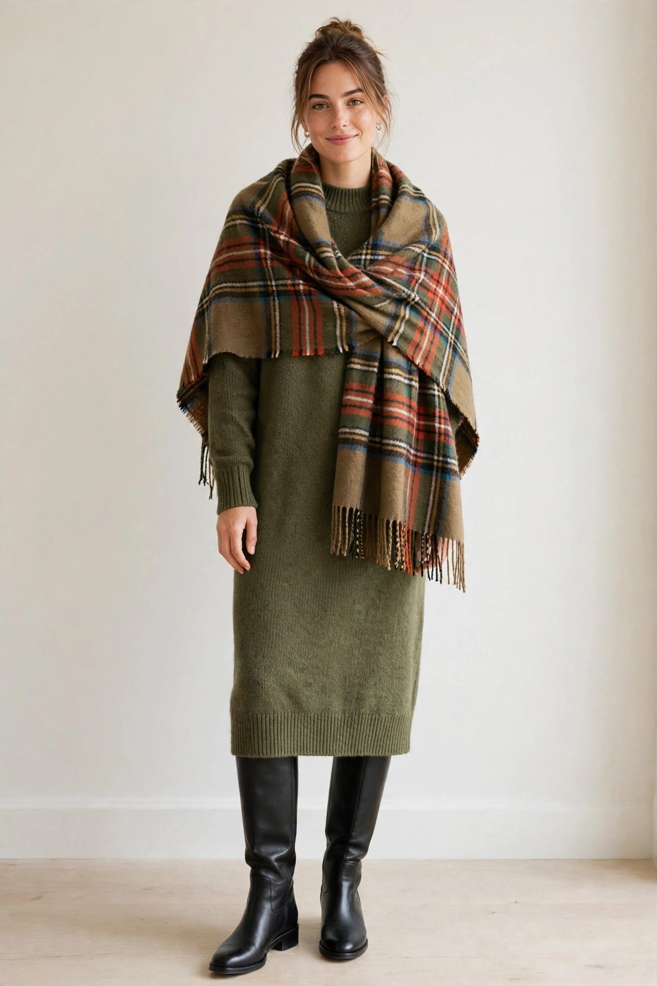 thanksgiving outfits - olive sweater dress and plaid scarf