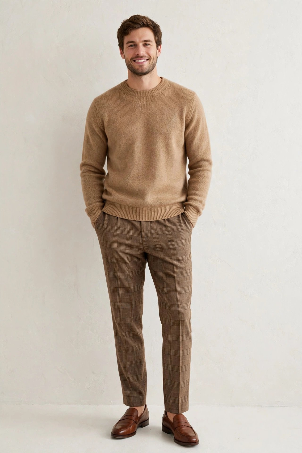 thanksgiving outfits - camel sweater and plaid trousers
