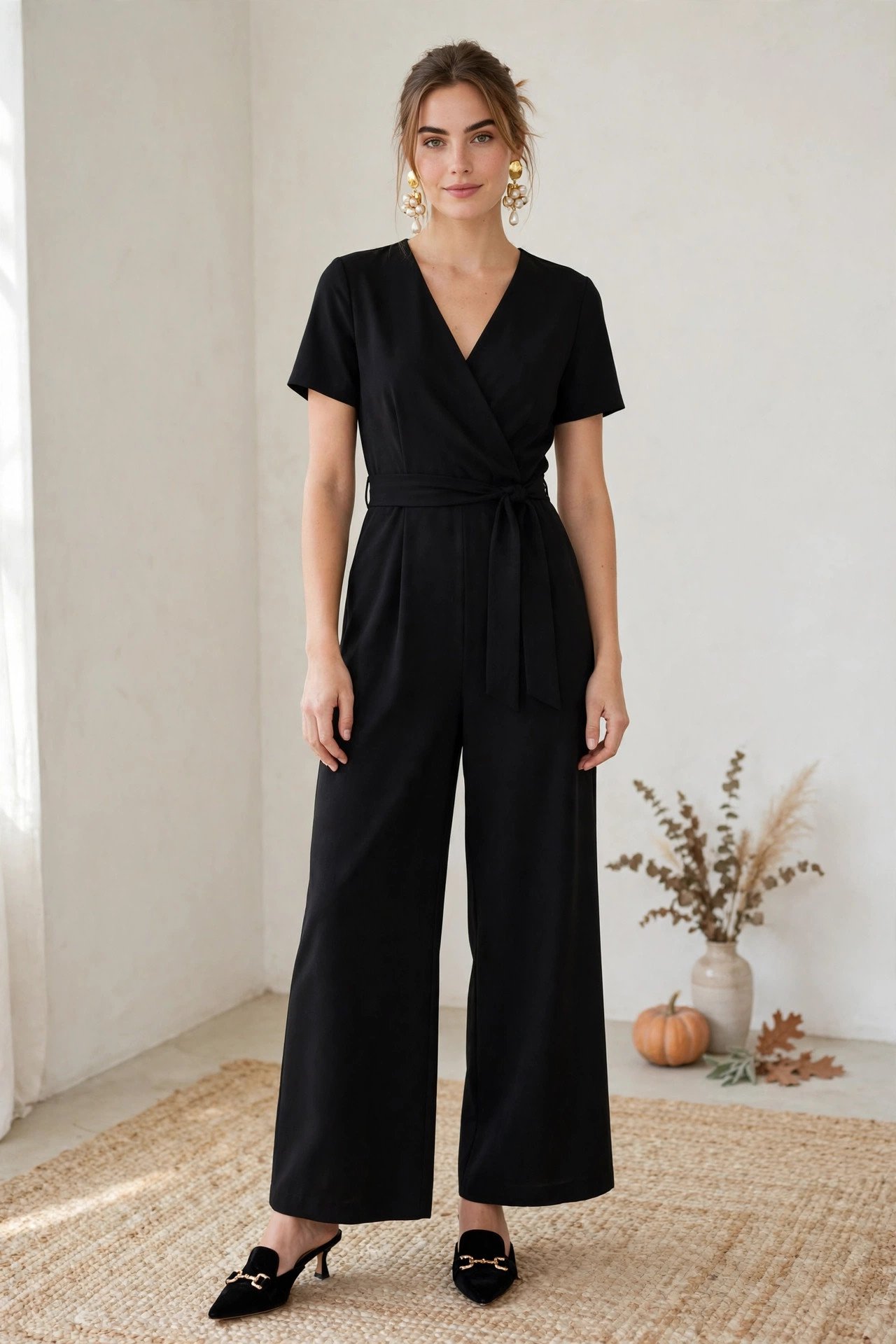 thanksgiving outfits - black jumpsuit and statement earrings