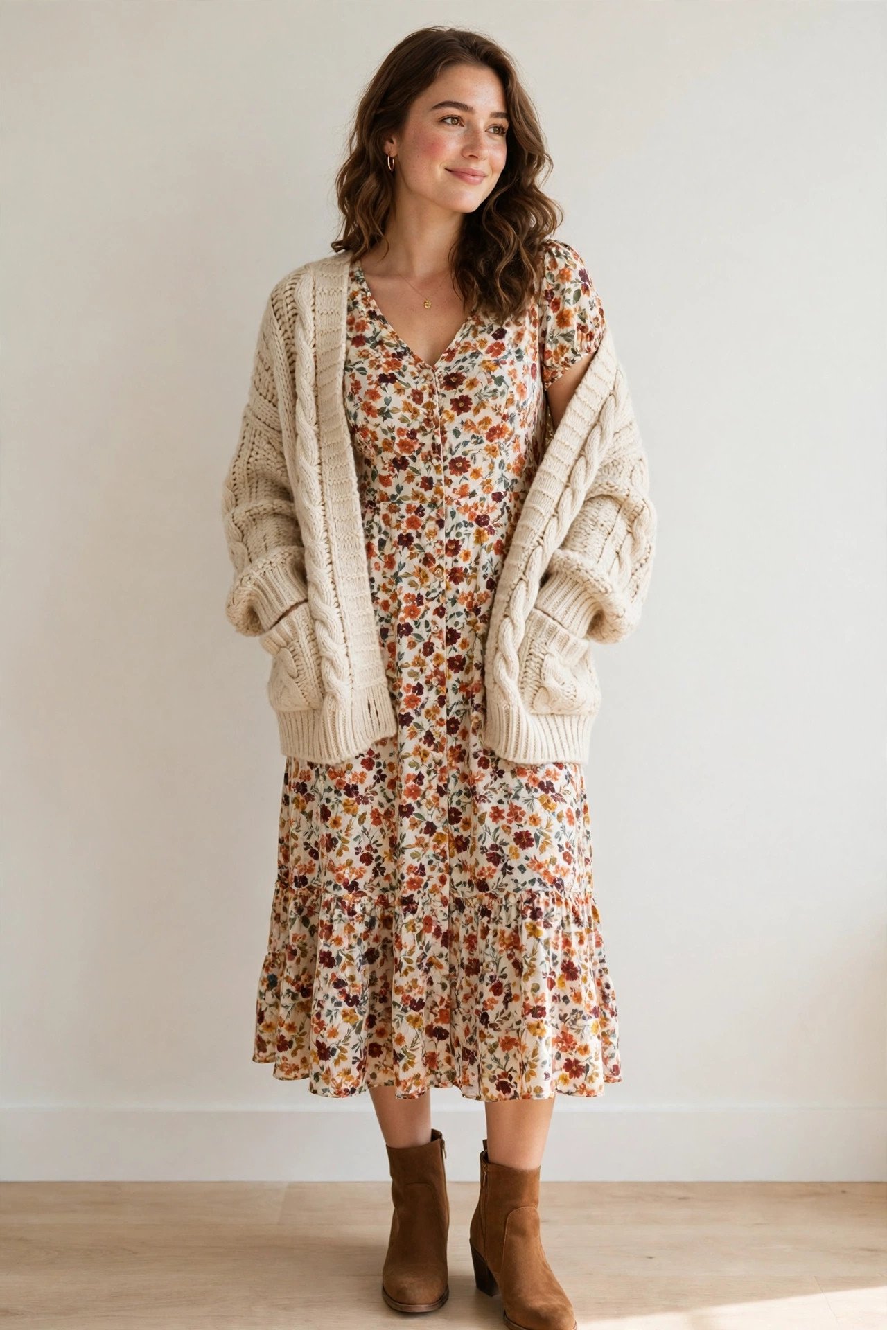 thanksgiving outfits - floral midi and cardigan