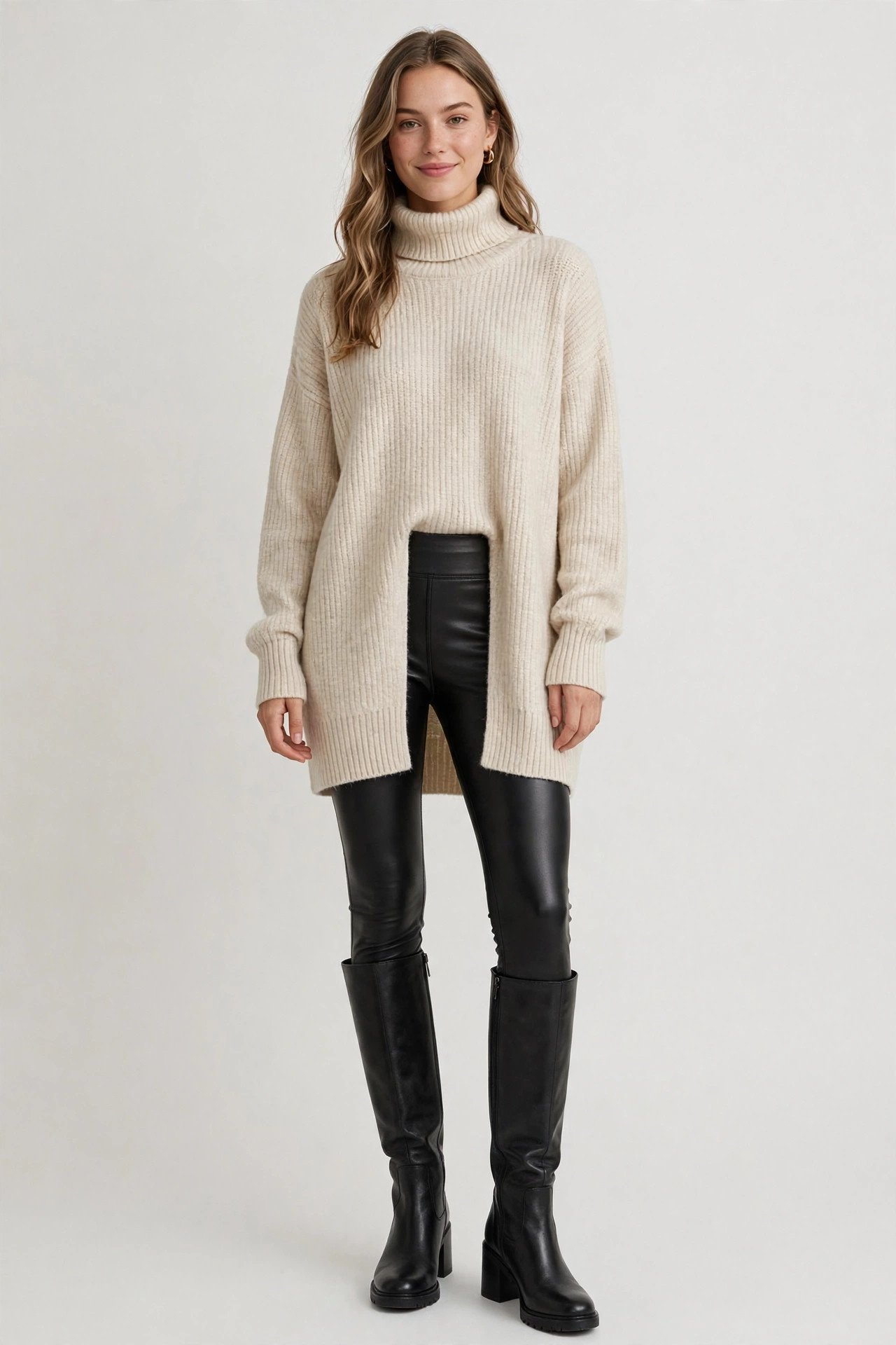 thanksgiving outfits - turtleneck and faux leather leggings