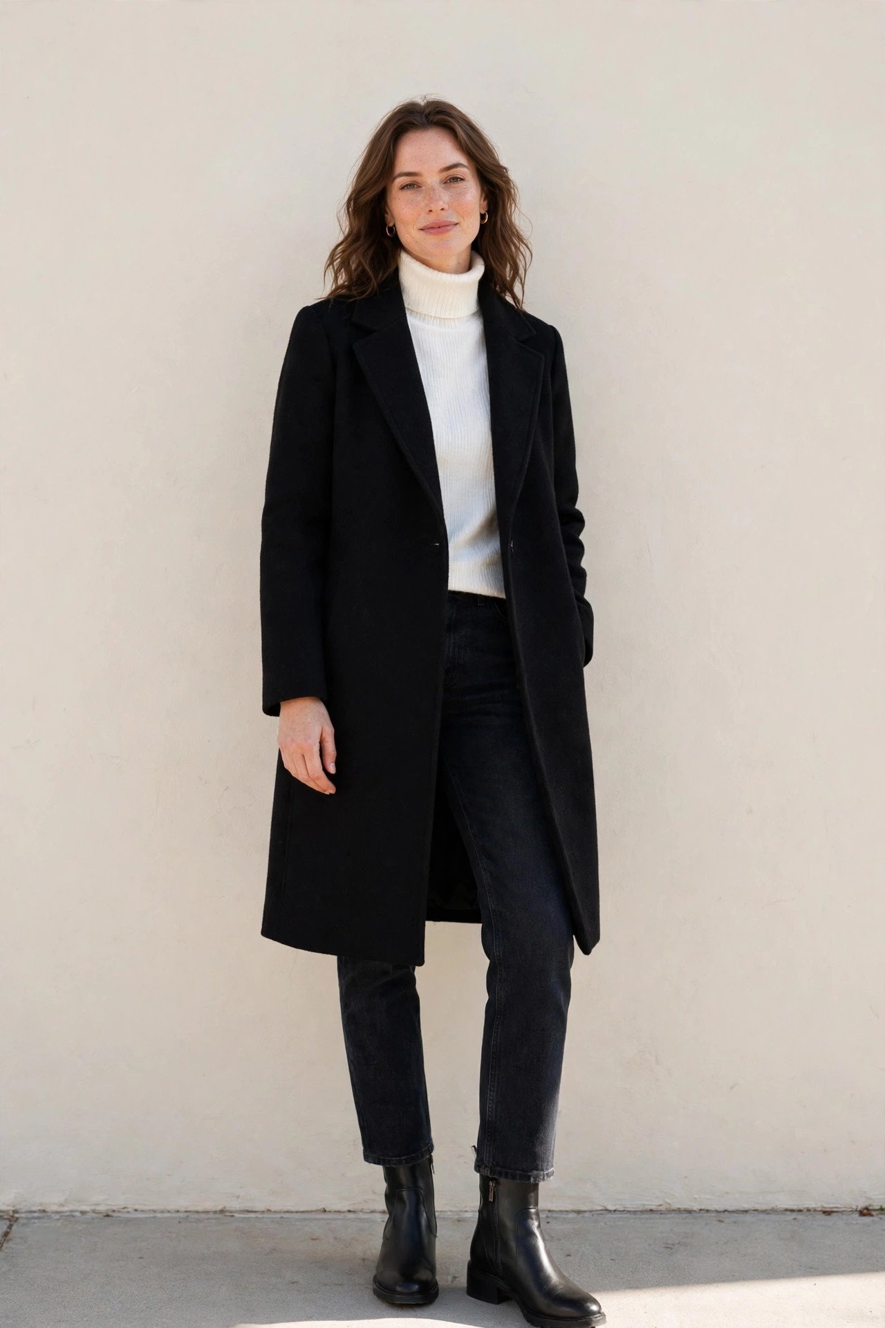 winter capsule wardrobe - black wool coat styled with jeans