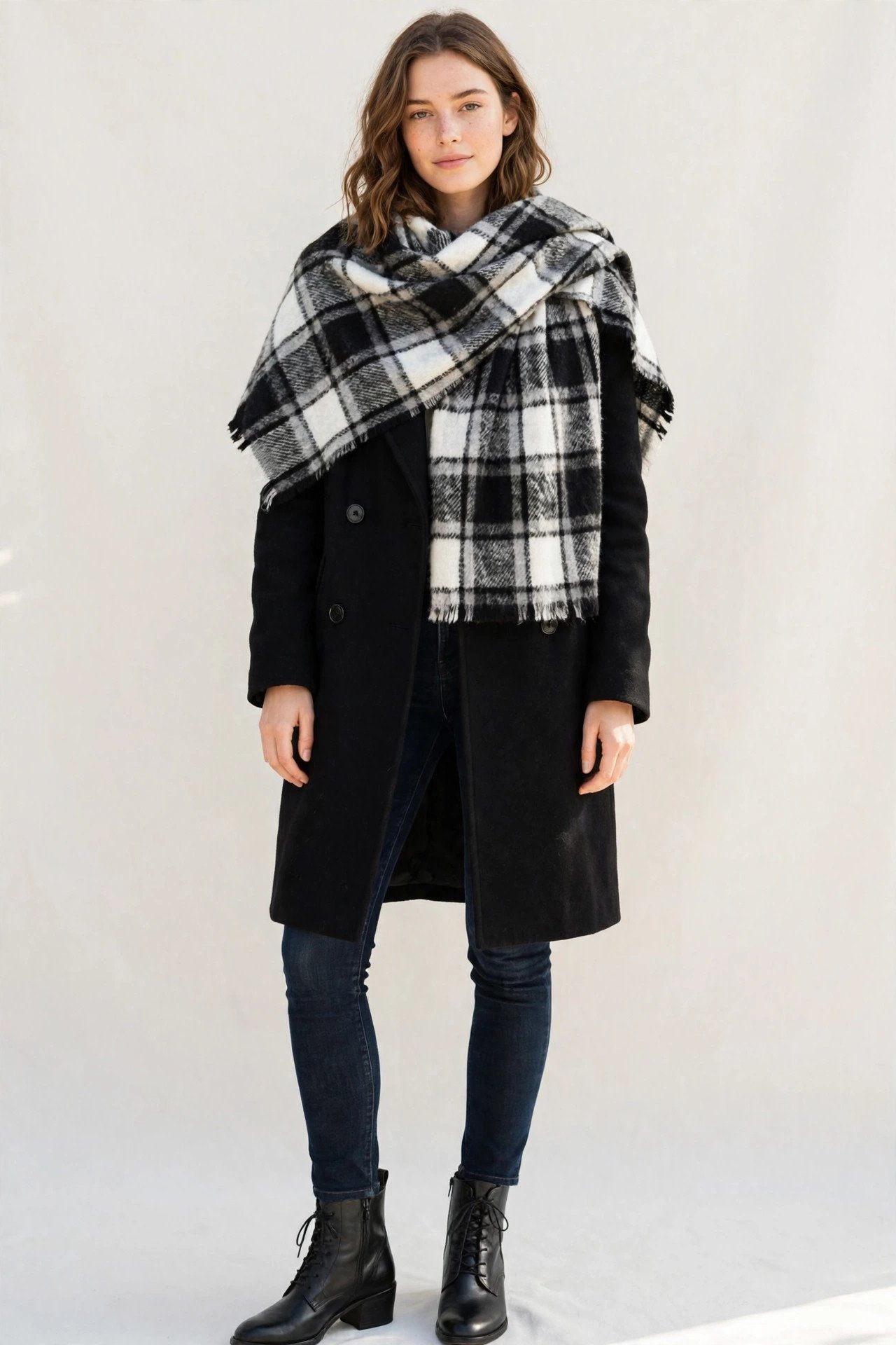 winter capsule wardrobe - plaid blanket scarf with coat