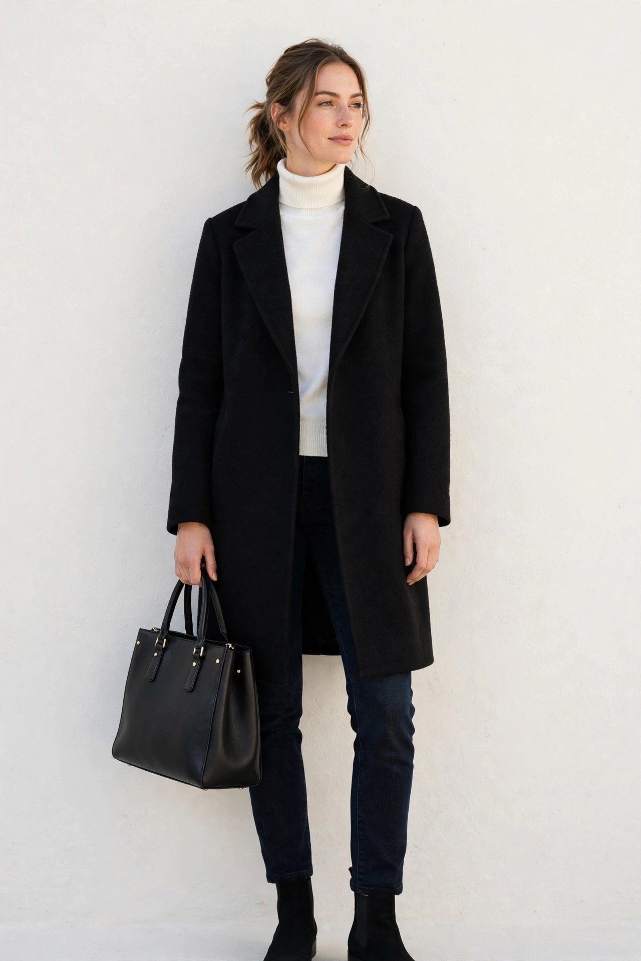 winter capsule wardrobe - black leather tote with wool coat outfit