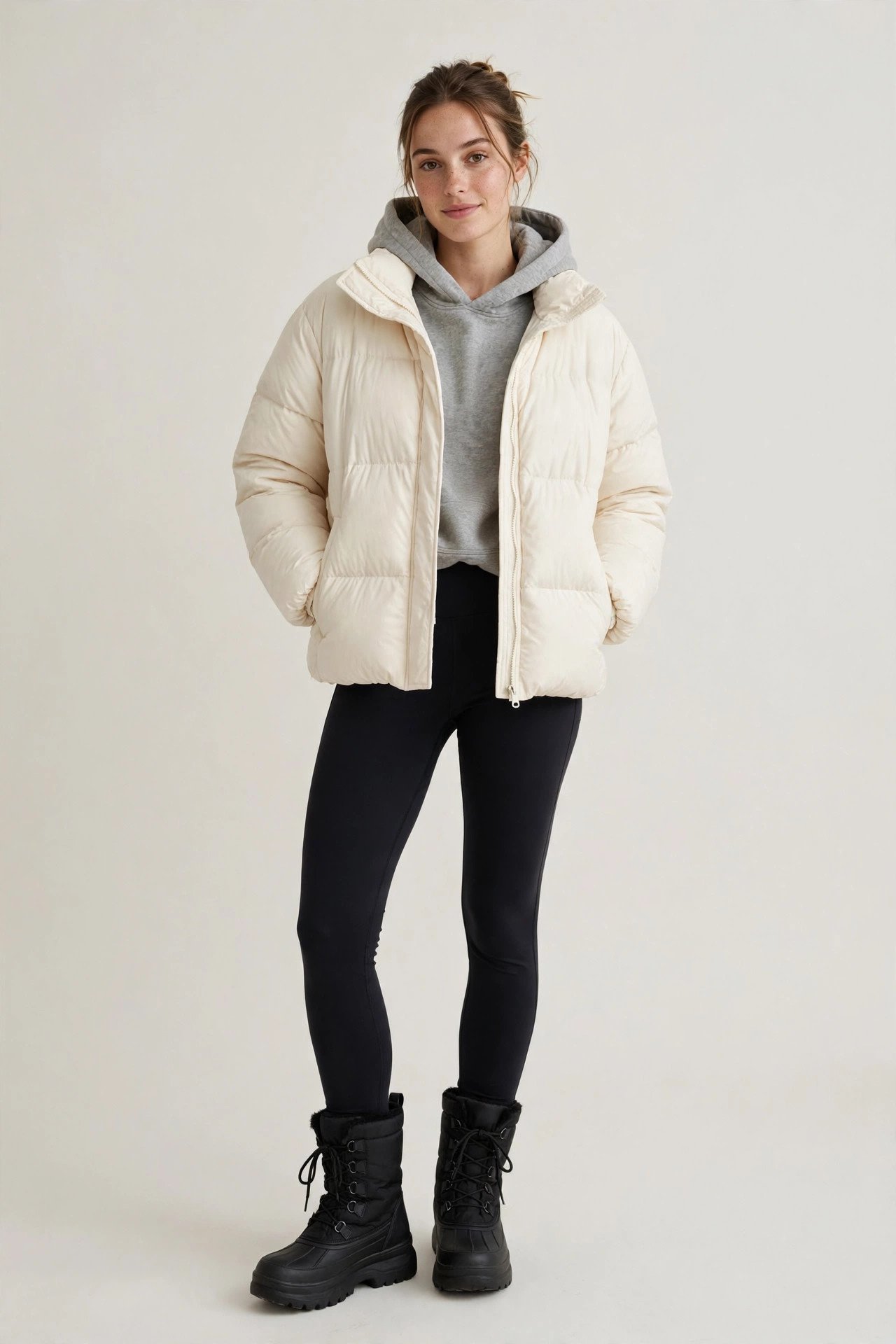 winter capsule wardrobe - cream puffer jacket with leggings