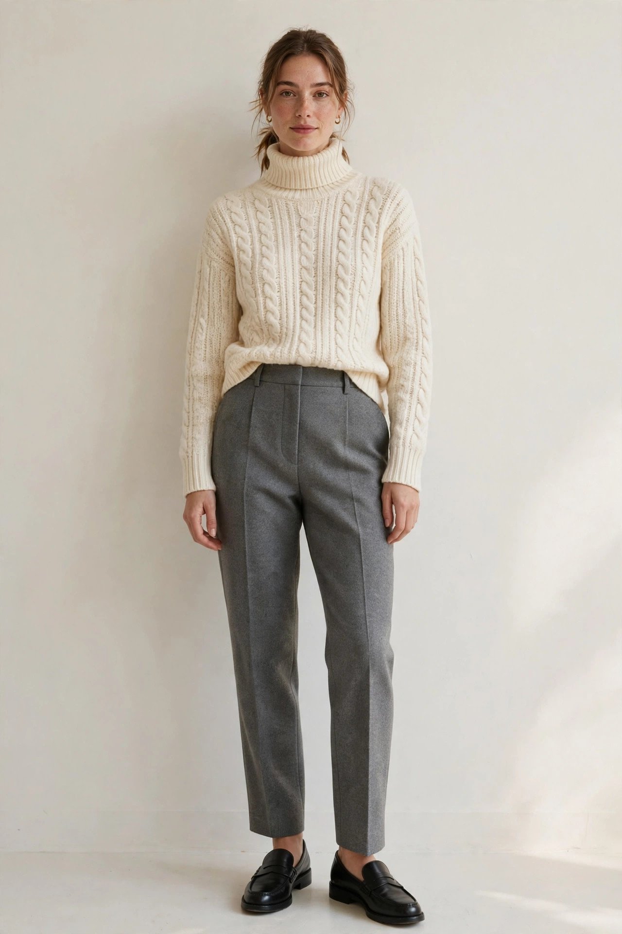 winter capsule wardrobe - white turtleneck sweater with trousers
