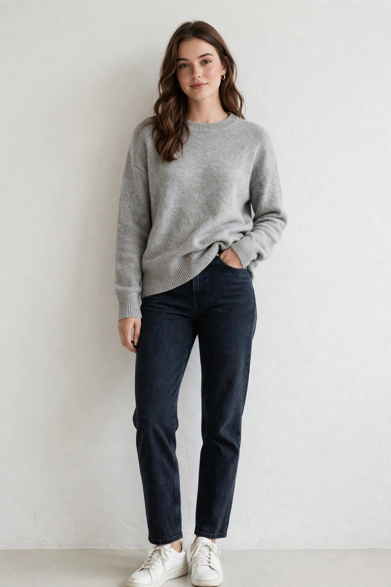 winter capsule wardrobe - grey crewneck sweater with jeans