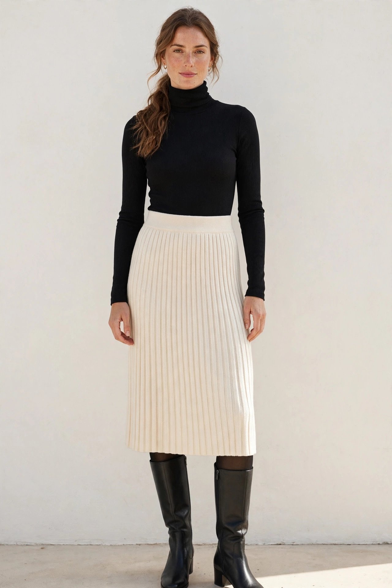 winter capsule wardrobe - black turtleneck bodysuit with skirt
