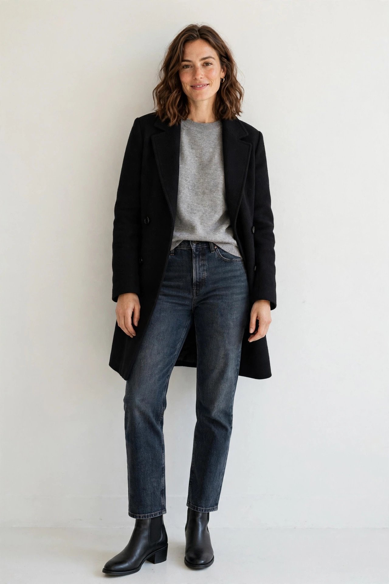 winter capsule wardrobe - dark straight leg jeans with sweater