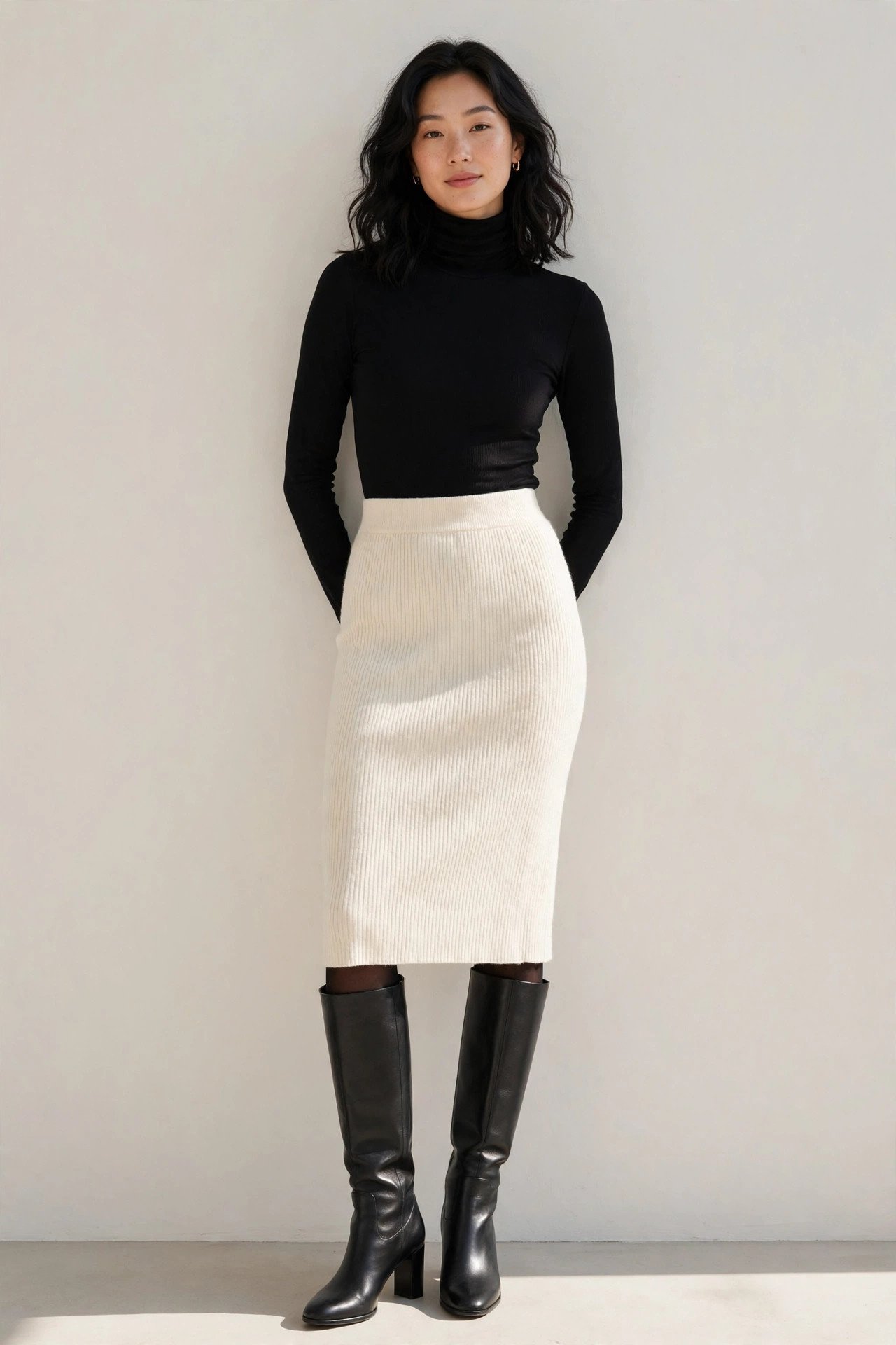 winter capsule wardrobe - cream knit midi skirt with boots