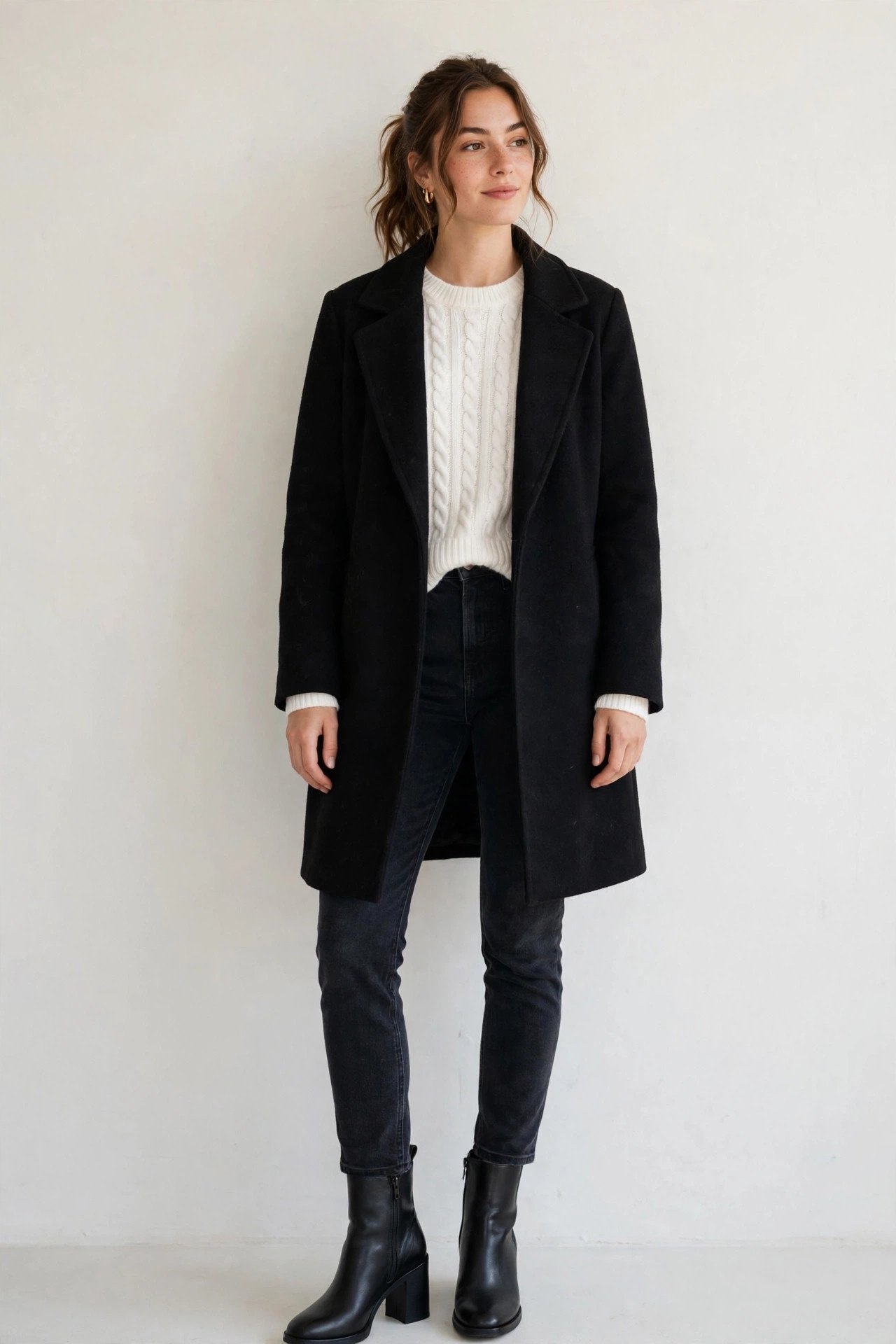 winter capsule wardrobe - black ankle boots with jeans and coat