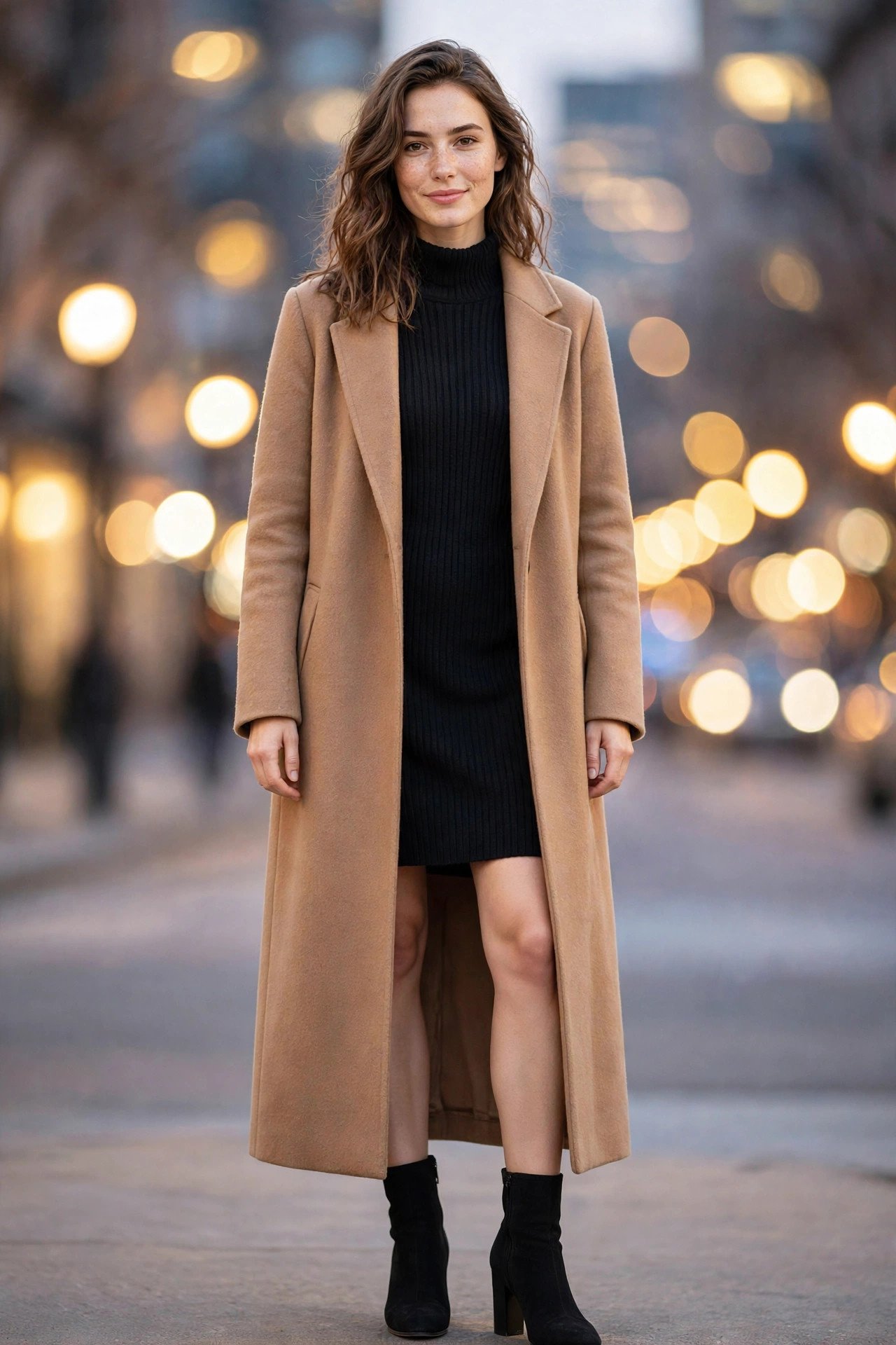 winter date night outfits - black sweater dress with camel coat