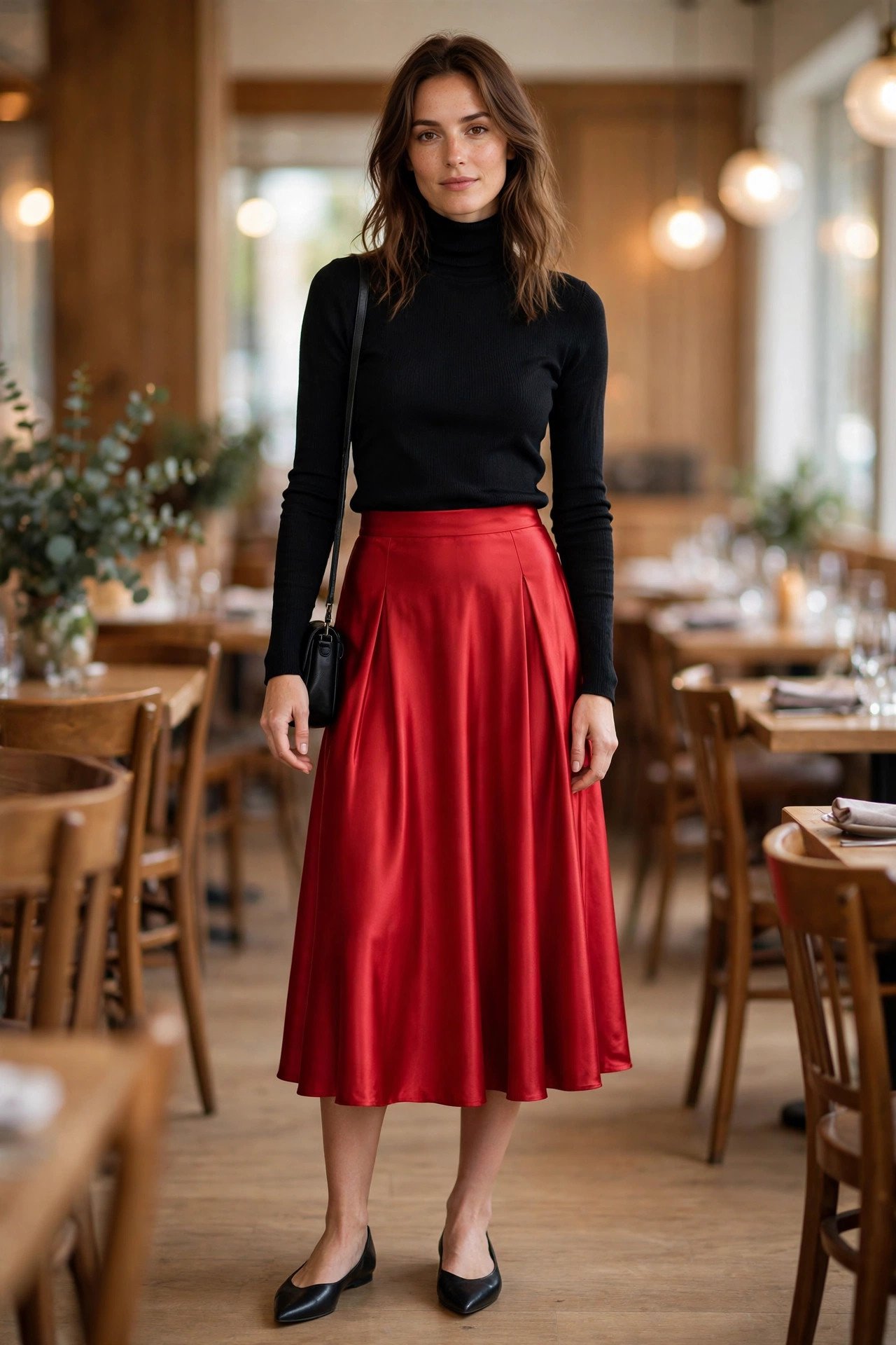 winter date night outfits - red satin skirt with black turtleneck