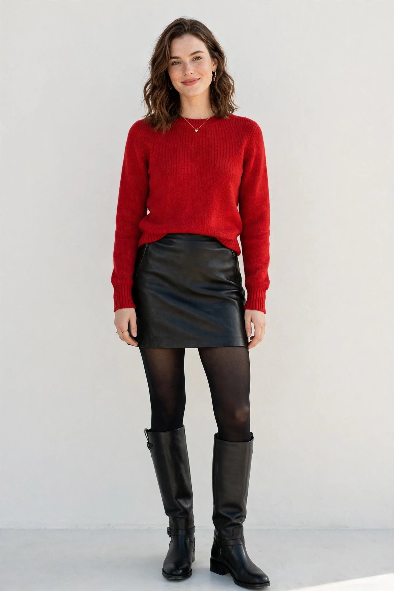 winter date night outfits - red sweater and black leather skirt