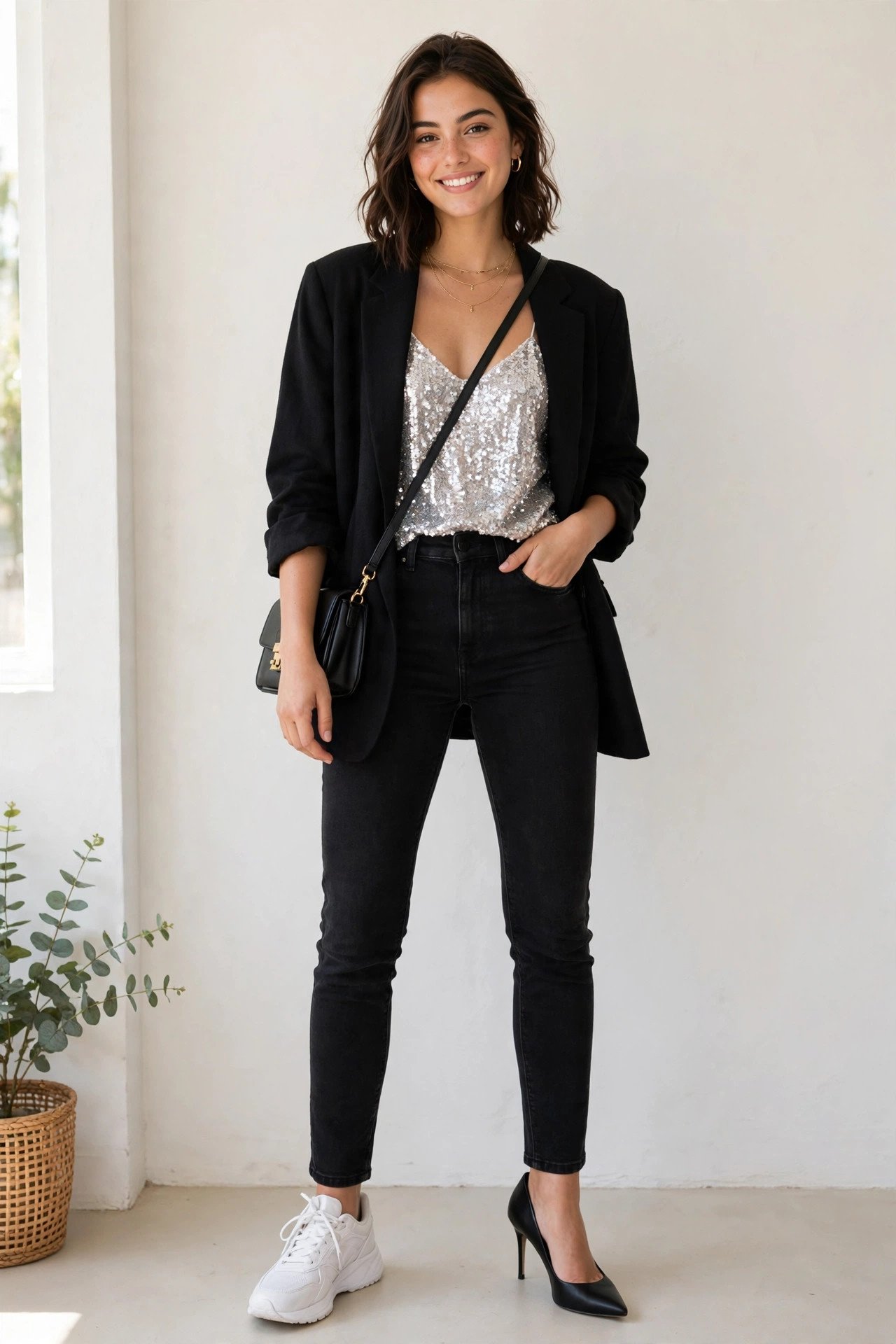 winter date night outfits - sequin top and black jeans and blazer