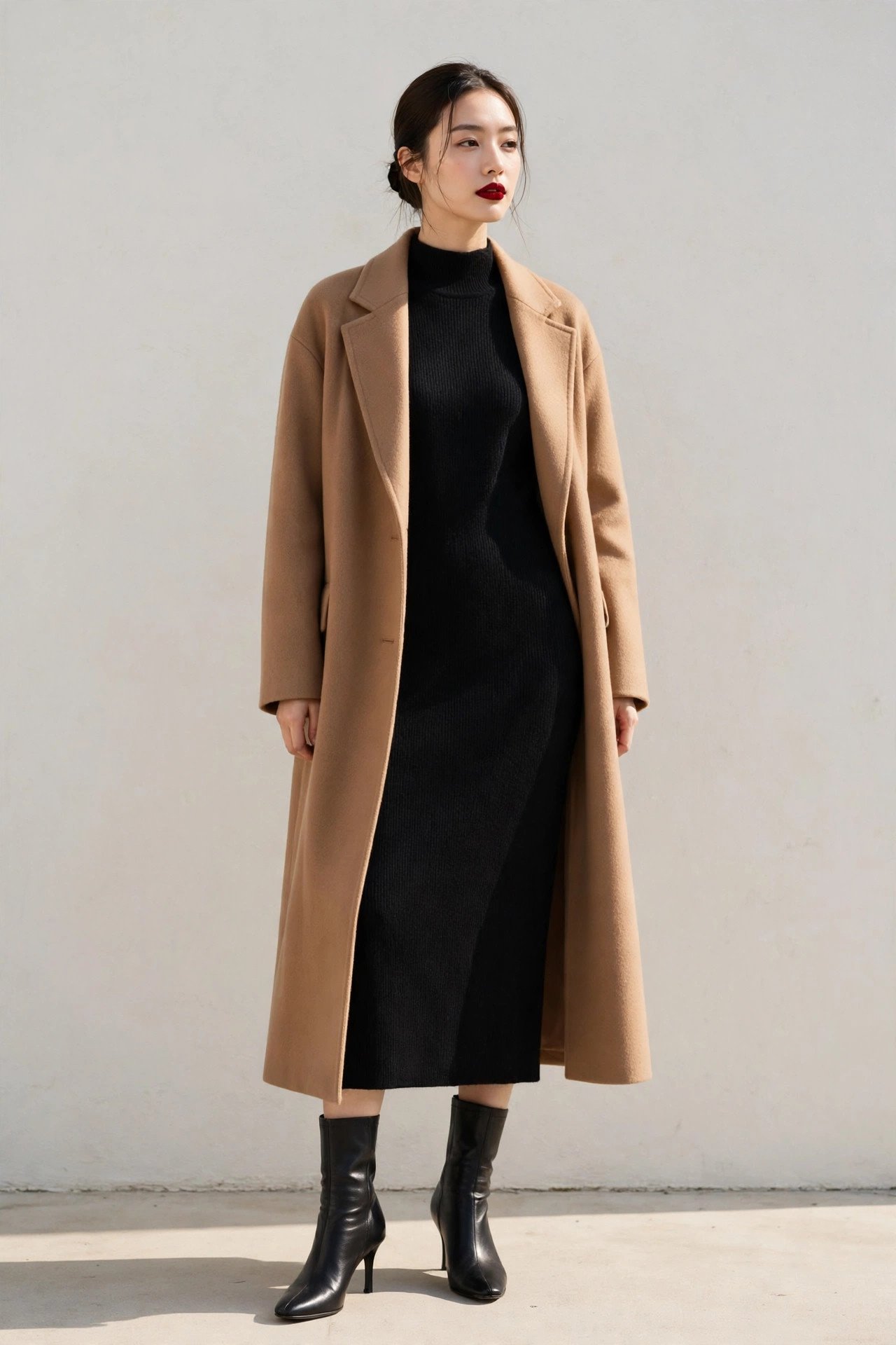 winter date night outfits - mock-neck midi dress and long coat