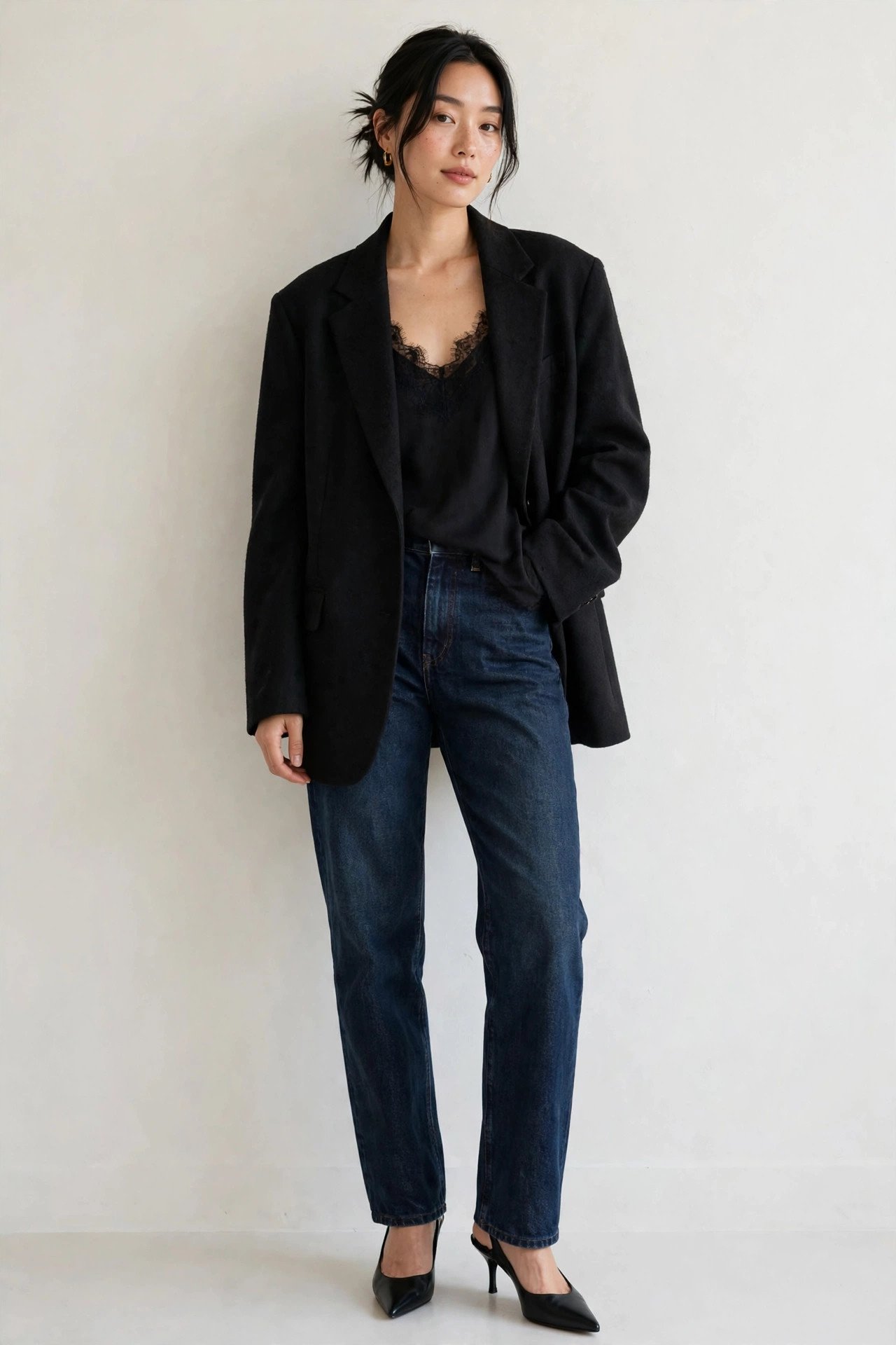 winter date night outfits - lace-trim cami and oversized blazer and jeans