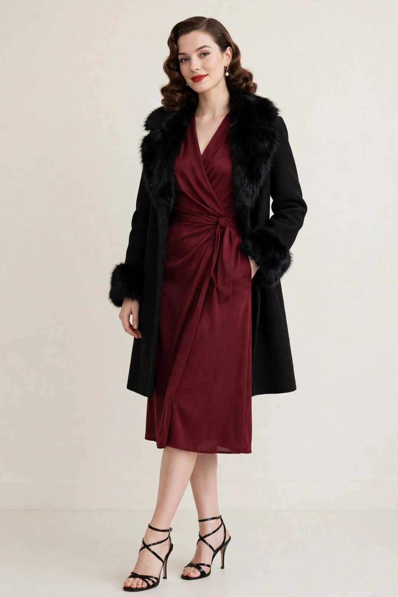 winter date night outfits - burgundy wrap dress and faux-fur coat