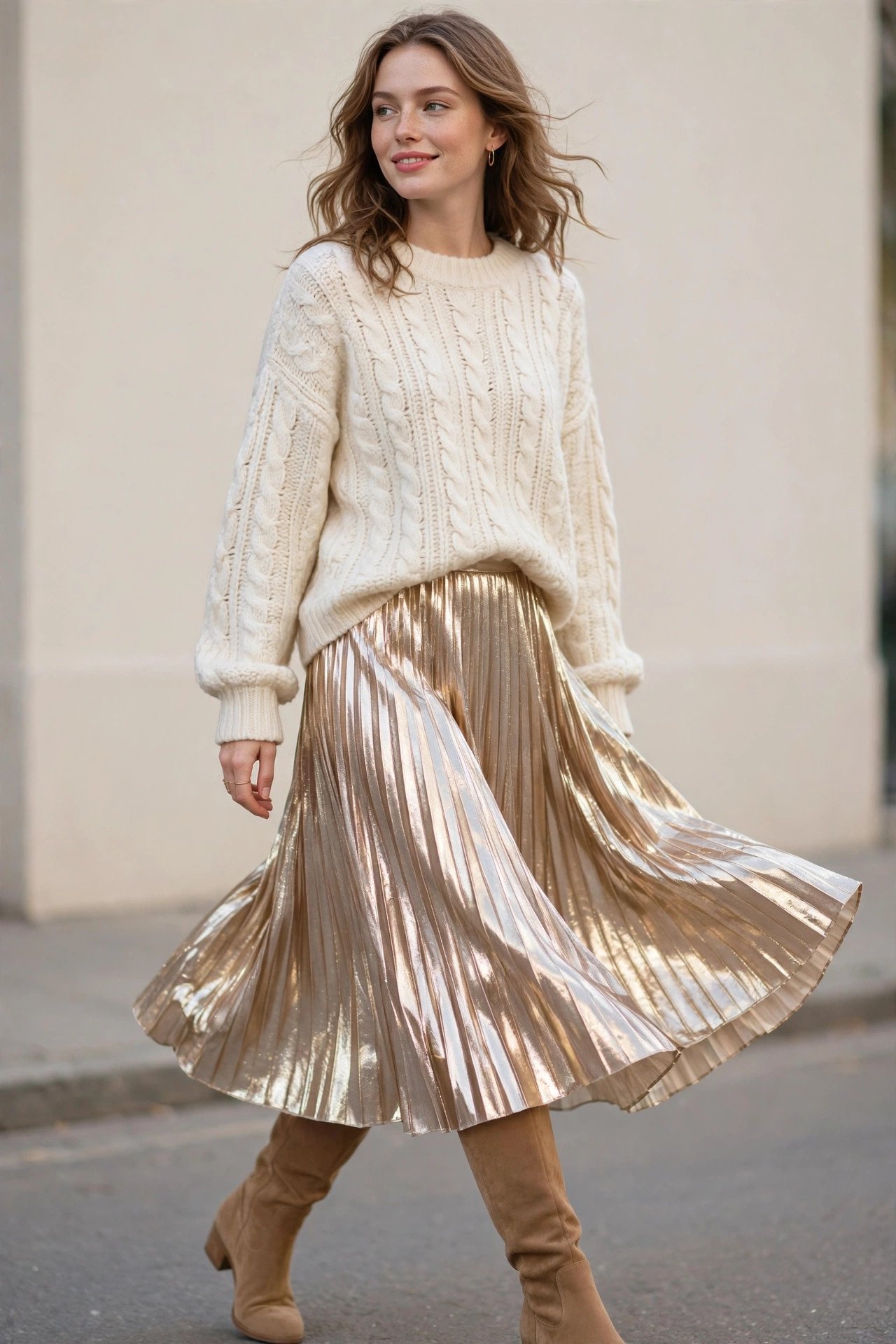 winter date night outfits - champagne pleated skirt and cream sweater