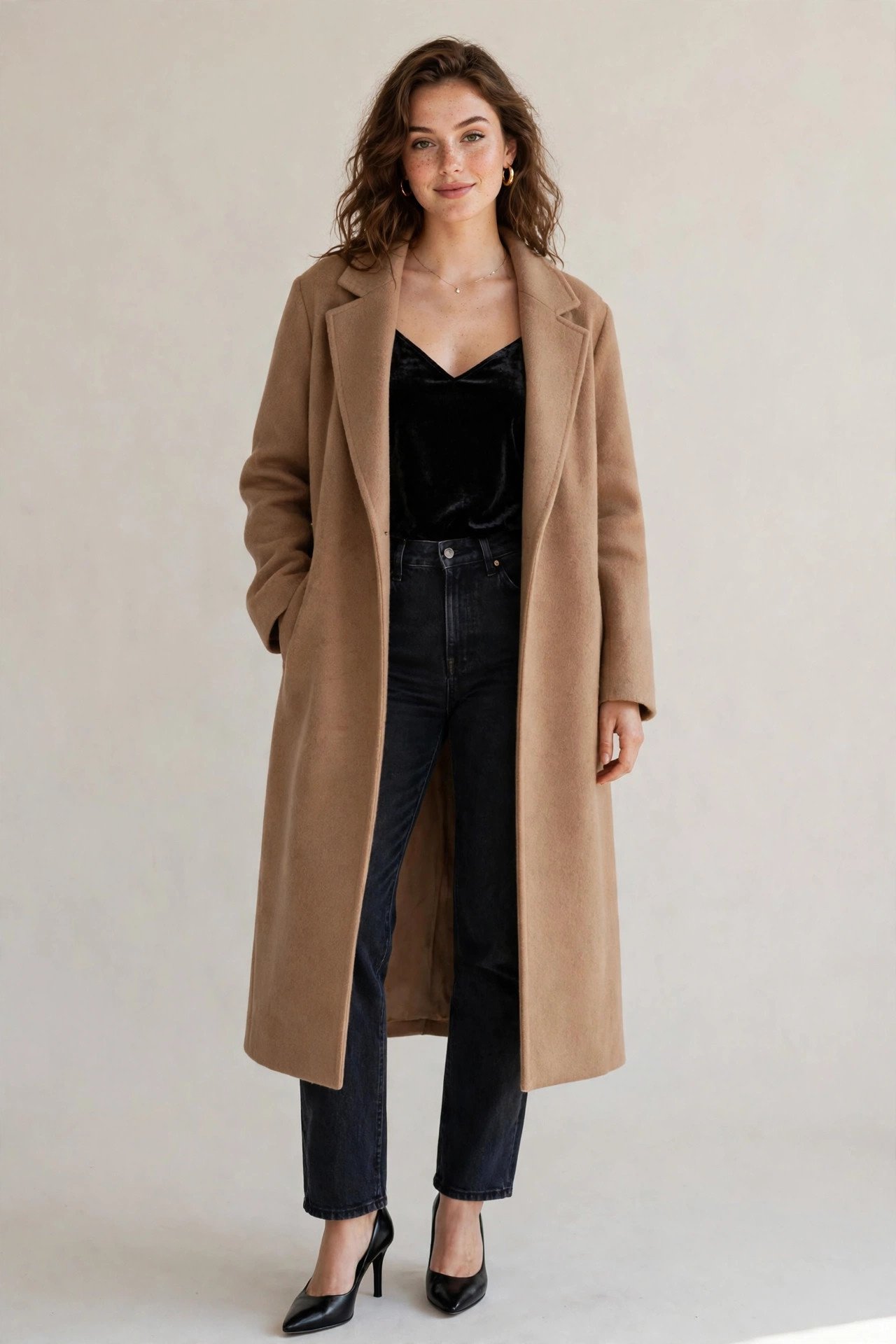 winter date night outfits - black velvet top and dark jeans and wool coat