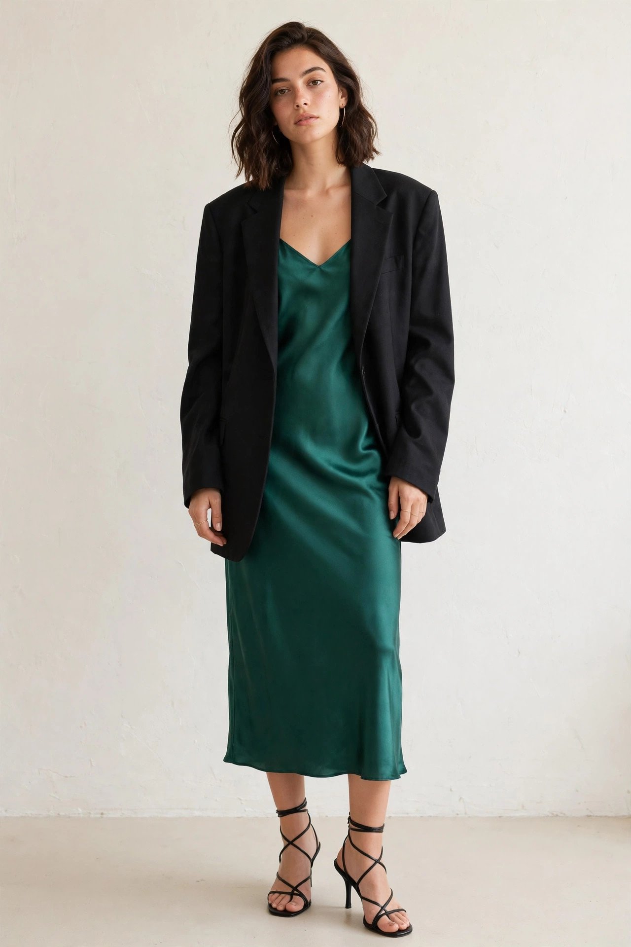 winter date night outfits - emerald slip dress and black blazer
