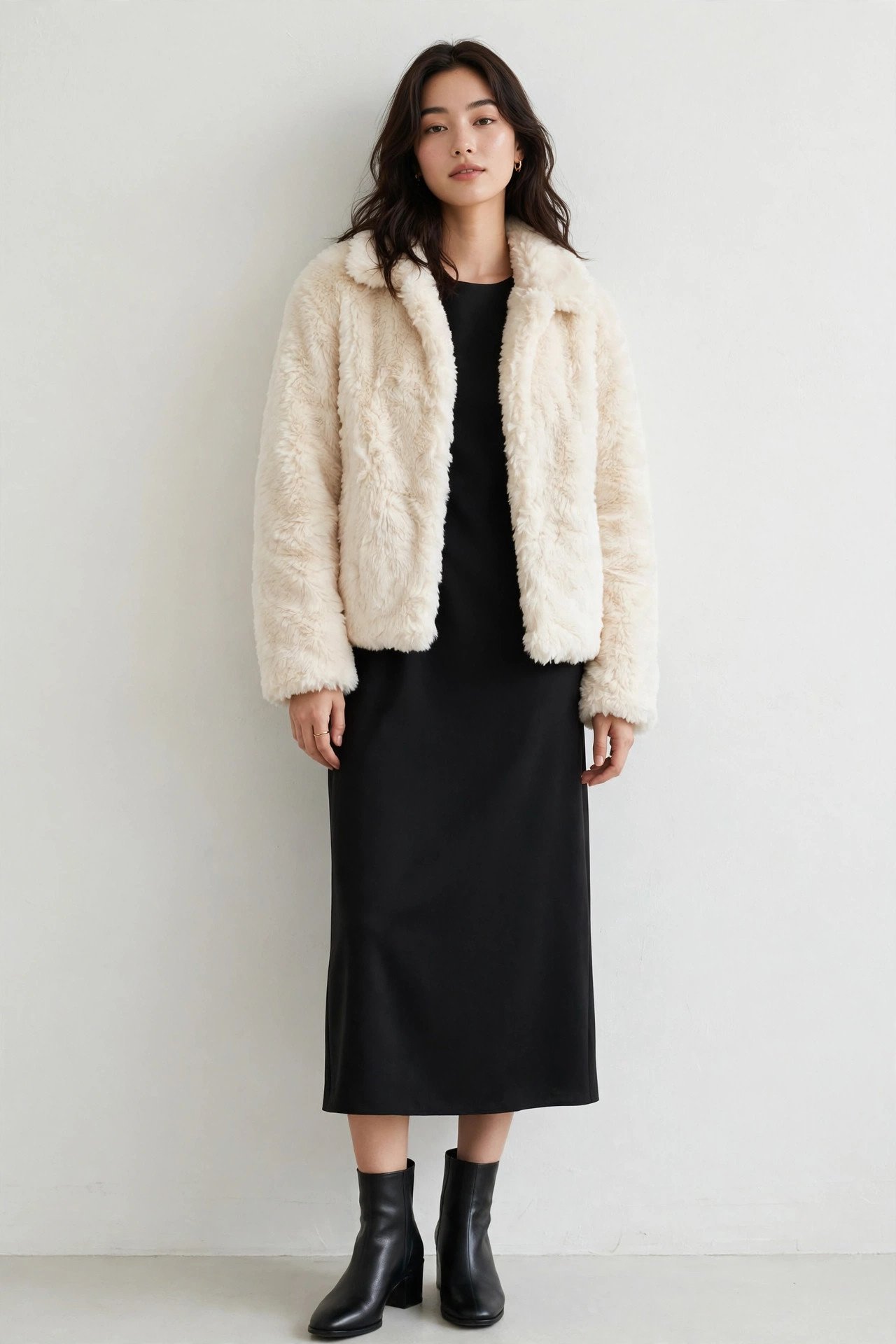 winter date night outfits - cream faux-fur jacket and black dress
