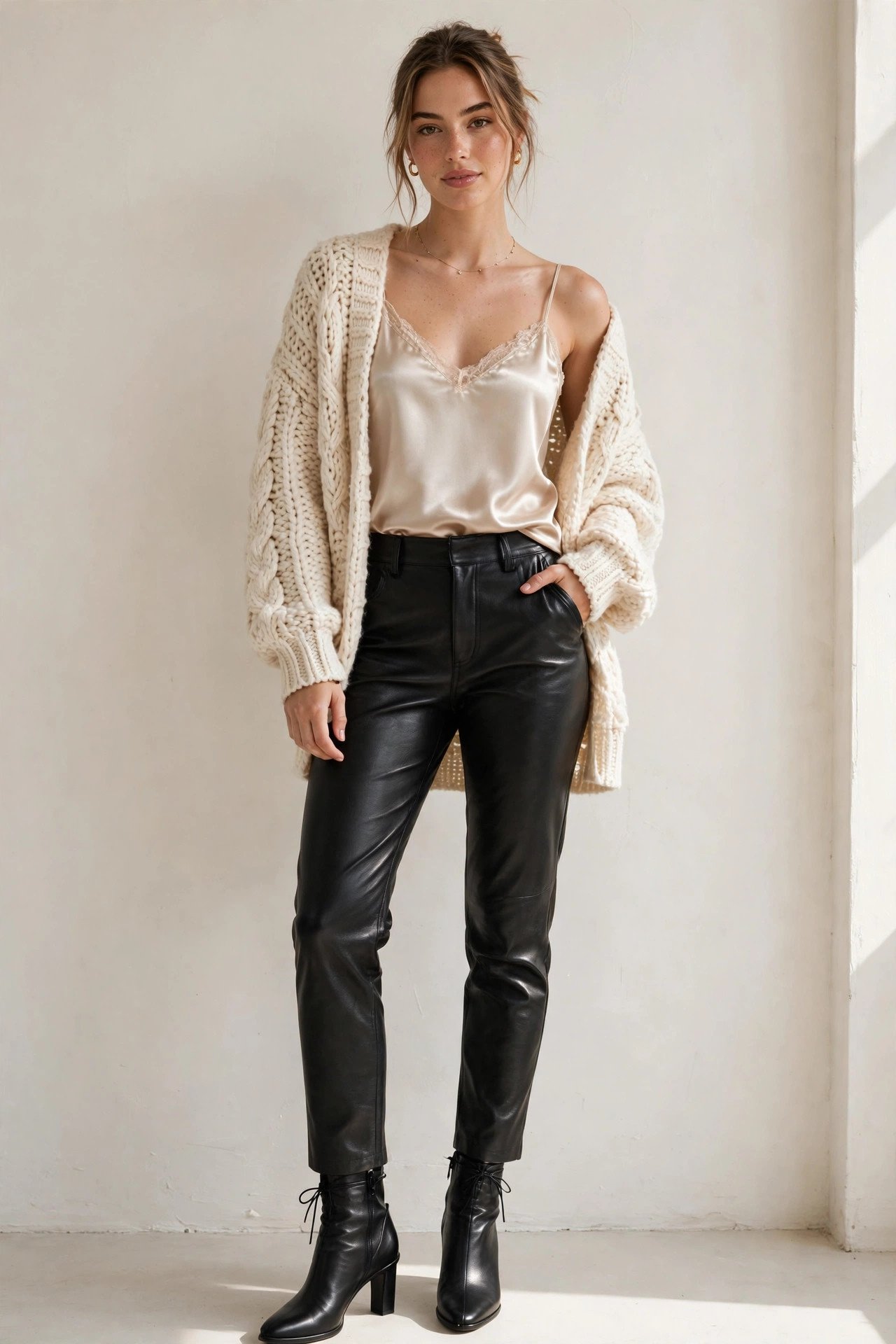 winter date night outfits - satin cami and cardigan and leather pants