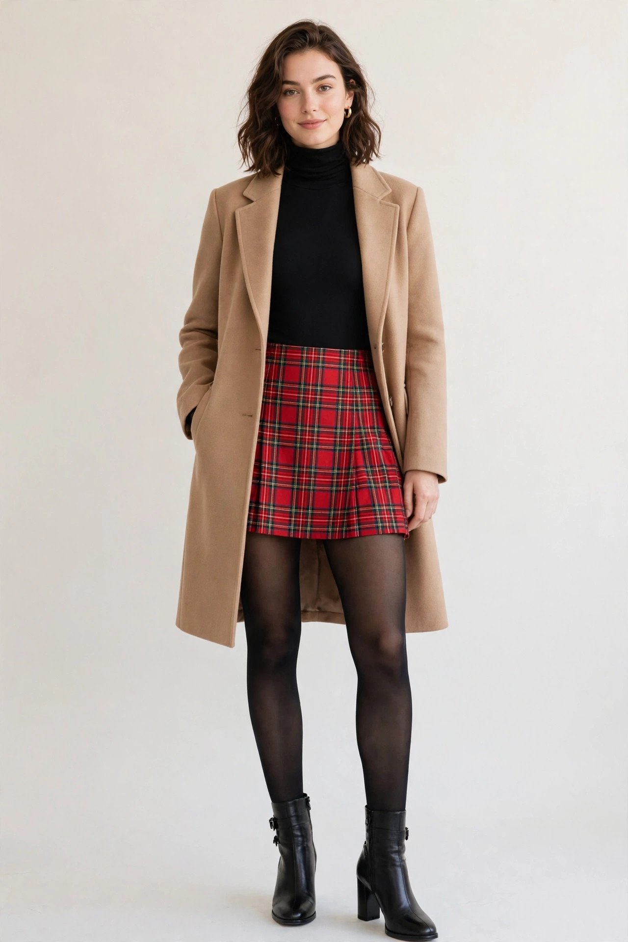 winter date night outfits - turtleneck bodysuit and plaid mini and tights