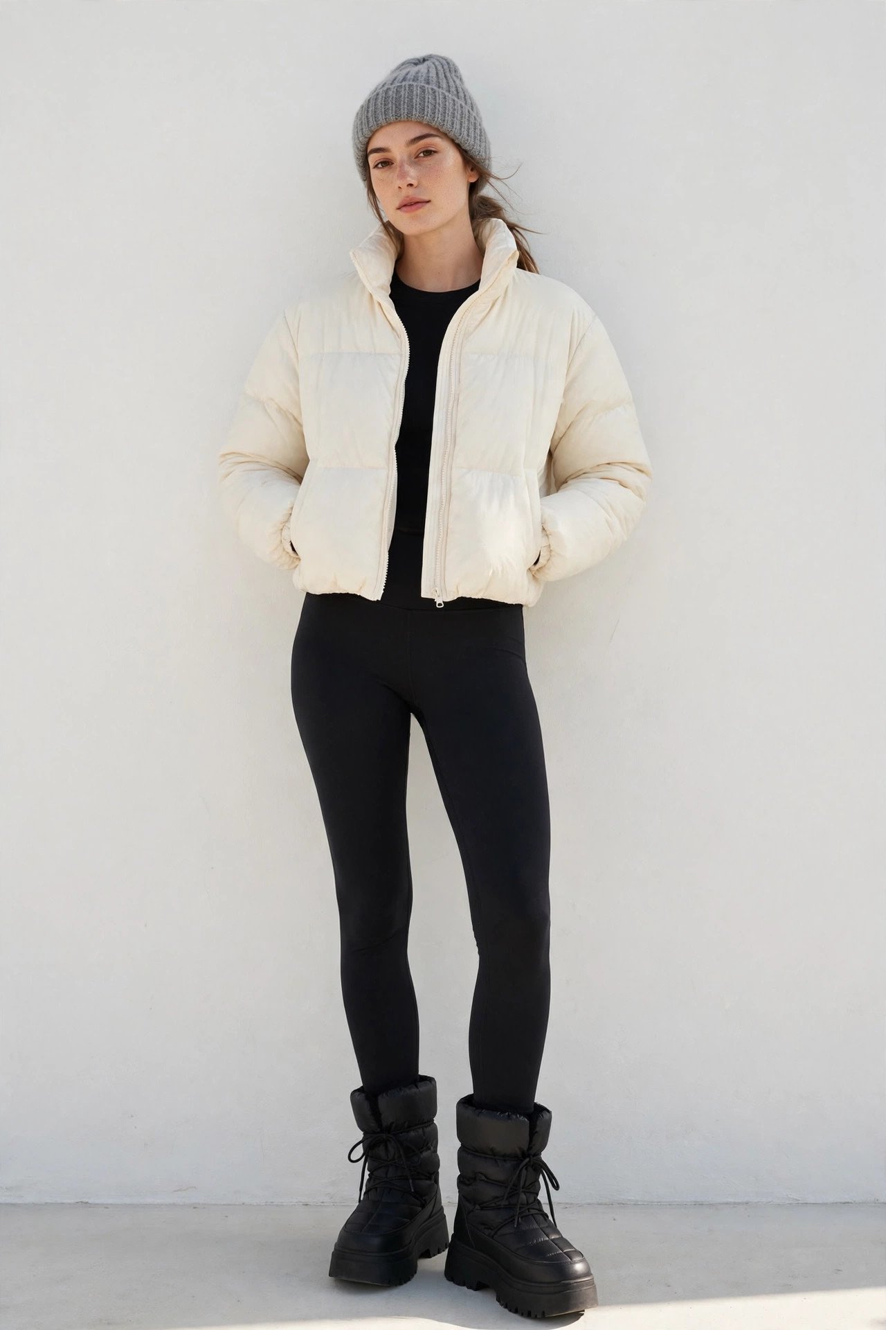 winter outfits for women - cream puffer jacket with black leggings and snow boots