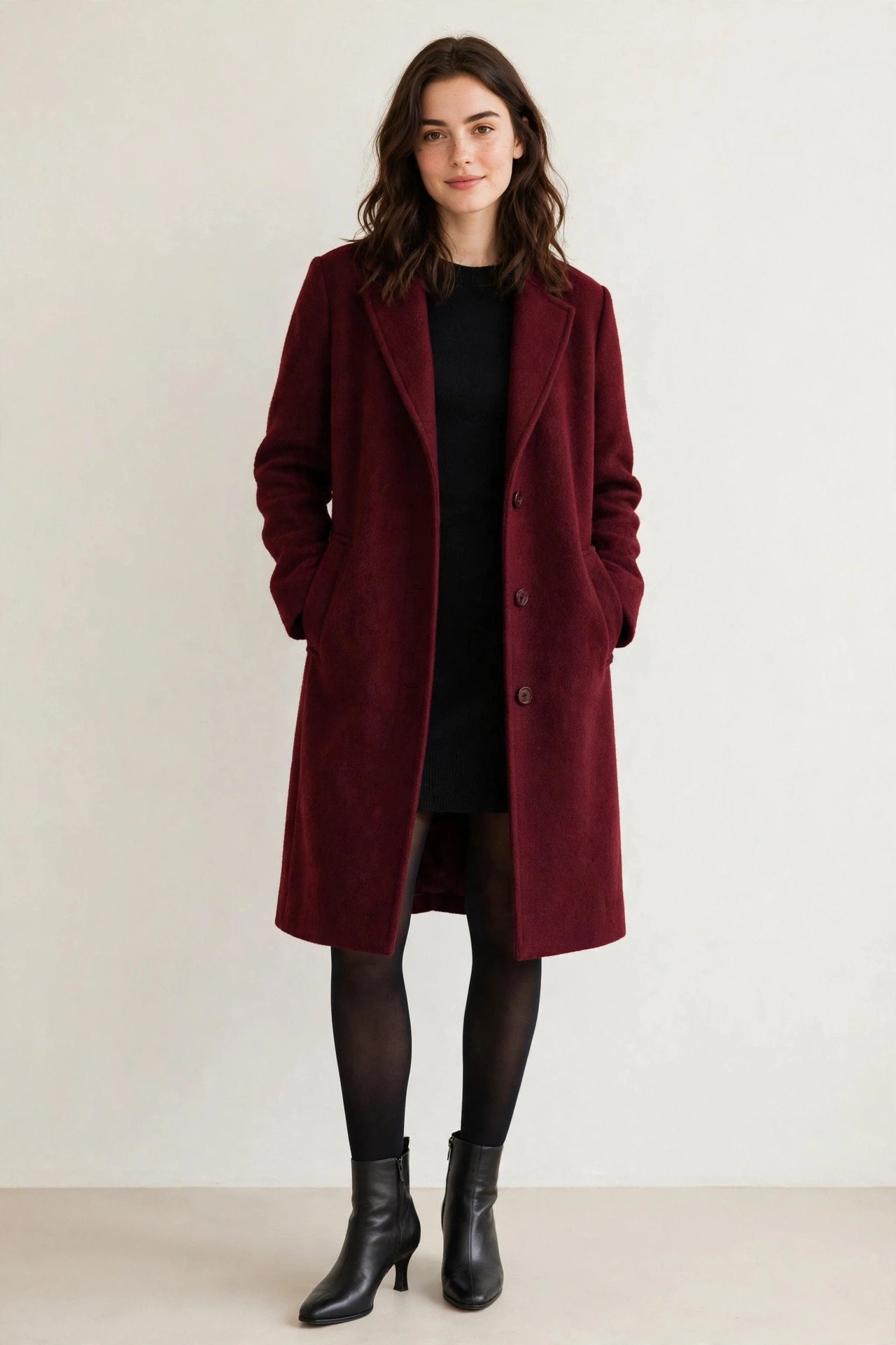 winter outfits for women - burgundy coat with black dress and tights