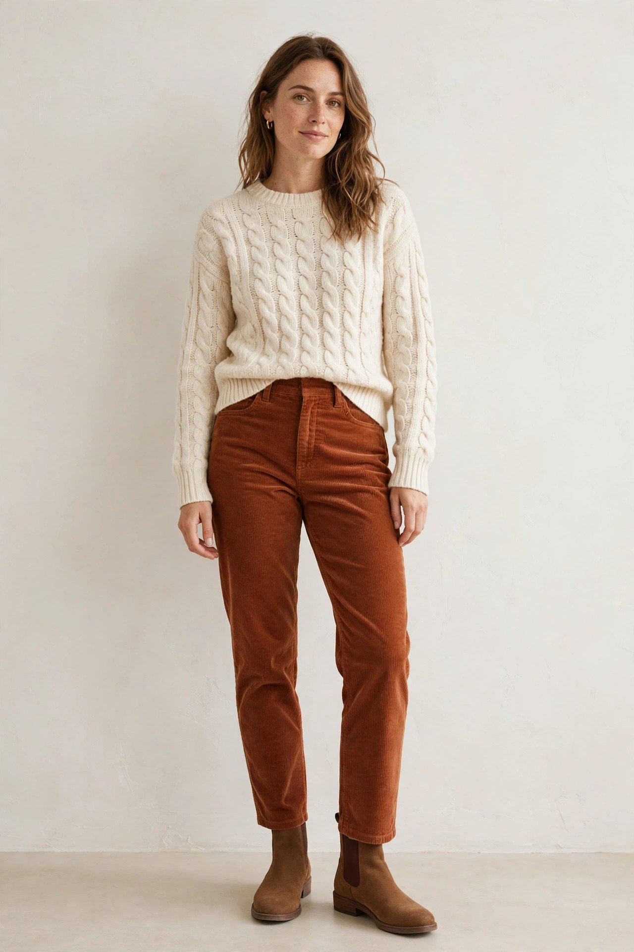 winter outfits for women - cable knit sweater with corduroy pants