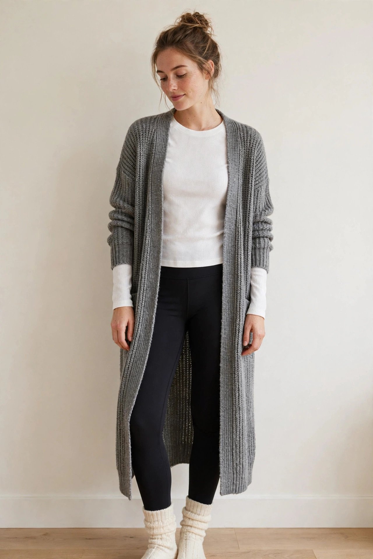 winter outfits for women - longline cardigan with thermal and leggings