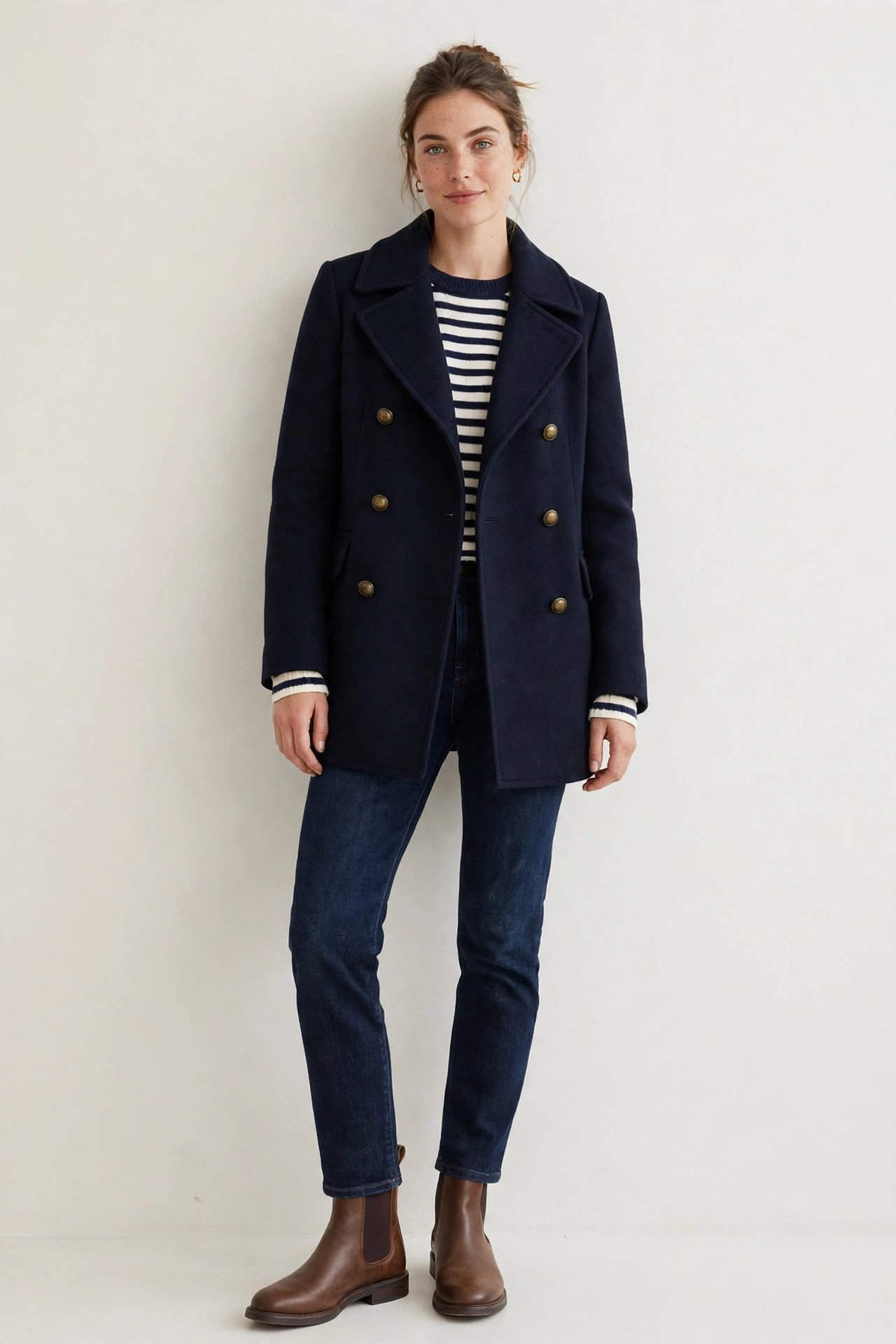winter outfits for women - navy peacoat with striped sweater and dark jeans
