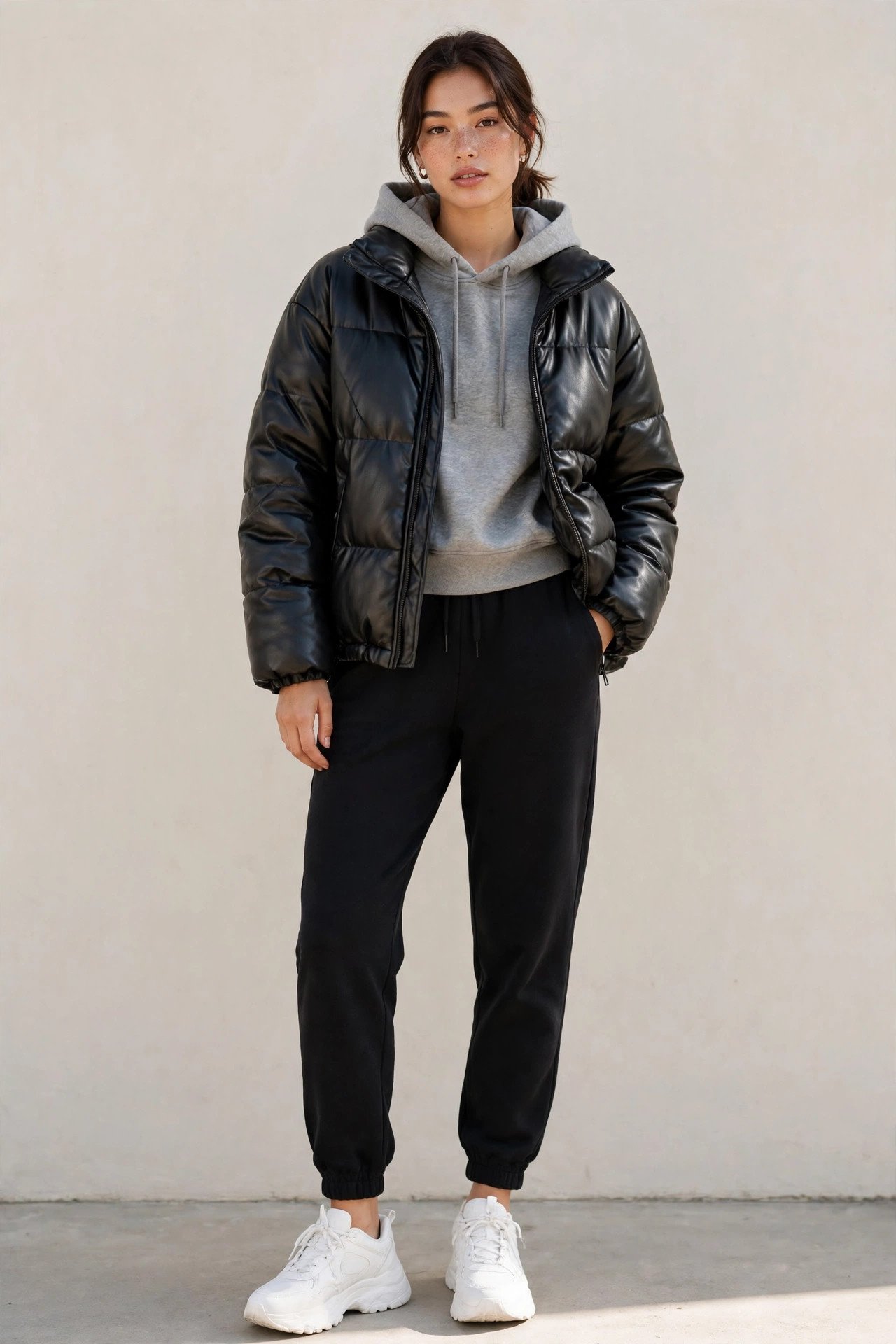 winter outfits for women - faux leather puffer with joggers and sneakers