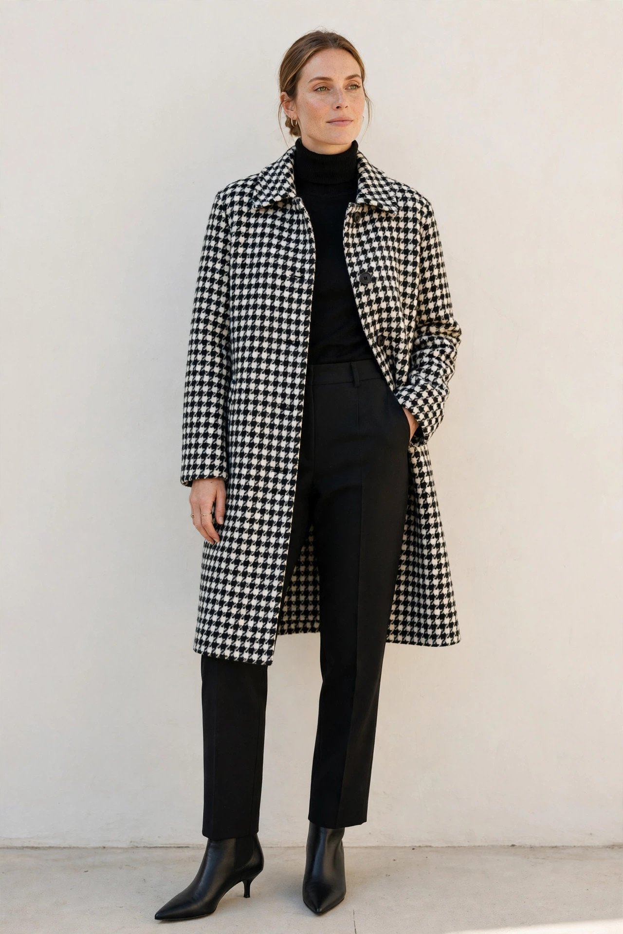 winter outfits for women - houndstooth coat with black turtleneck and trousers