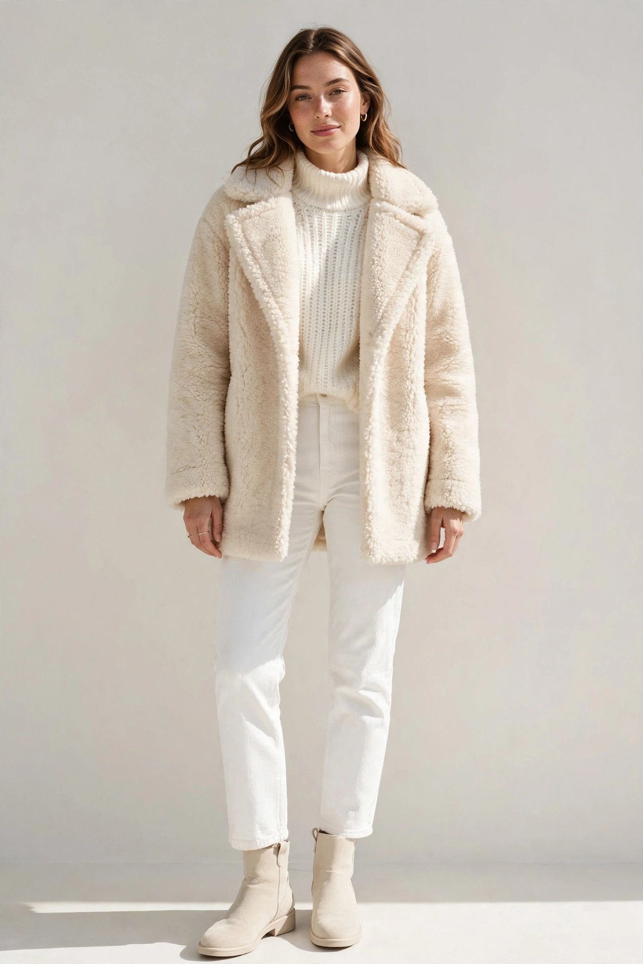 winter outfits for women - cream teddy coat with all white winter layers